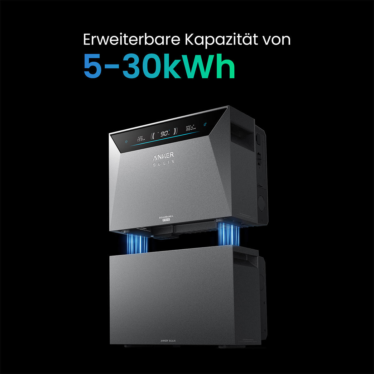 Zwei graue Anker Solix Powerbanks, verbunden durch blaue Lichter. Kapazität 5-30kWh.