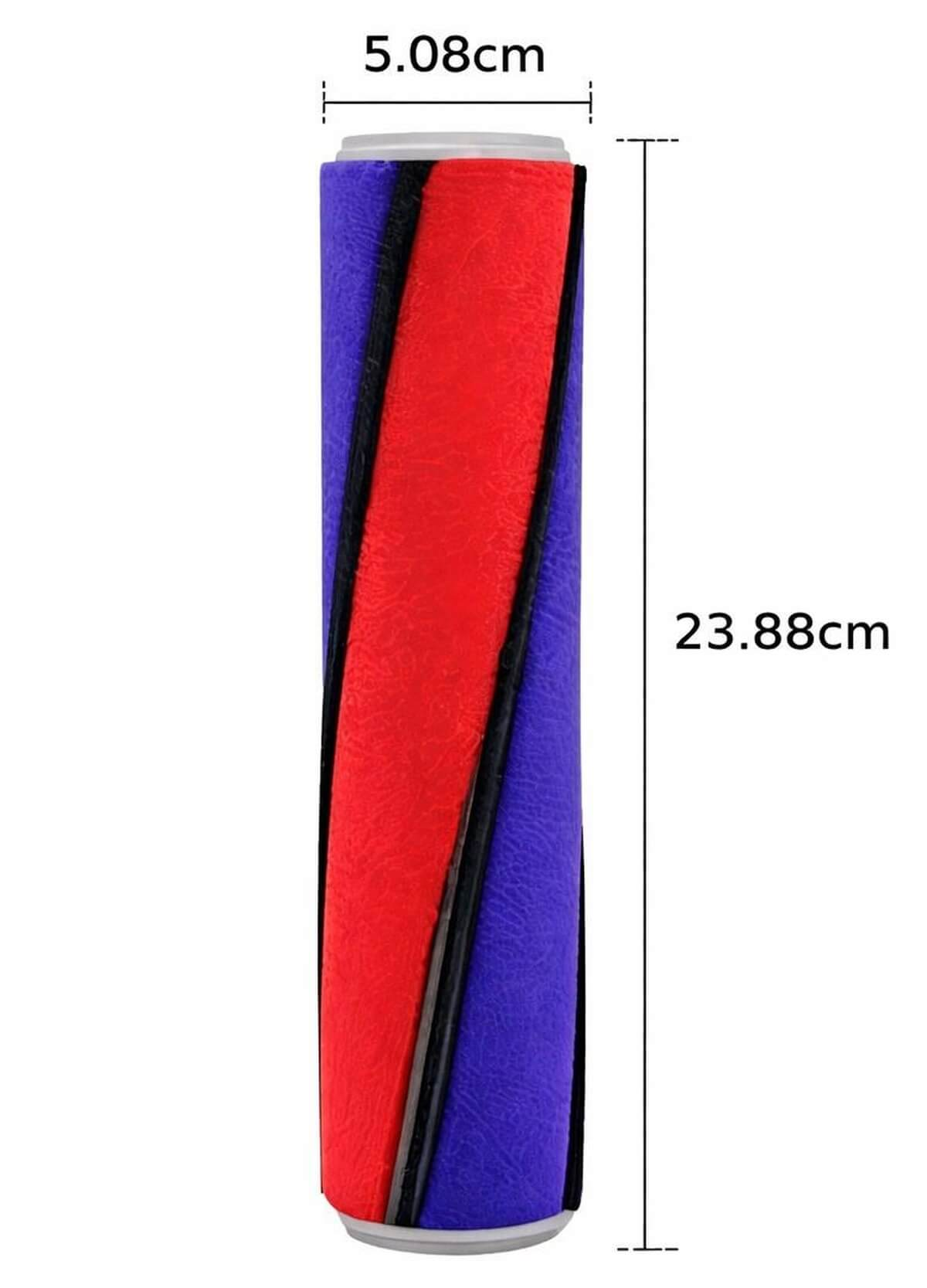 Ein rot-blauer Bürstenkopf für Staubsauger mit Maßen.