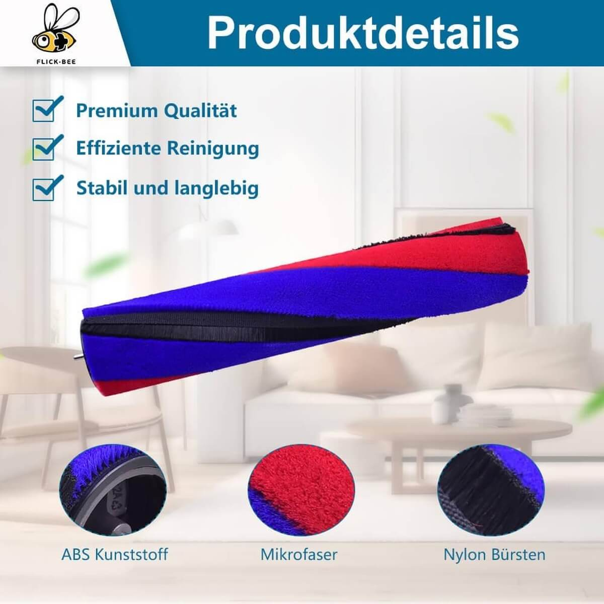 Ein Bürstenkopf mit roten und blauen Borsten, darunter drei Kreise: ABS-Kunststoff, Mikrofaser, Nylonbürsten.