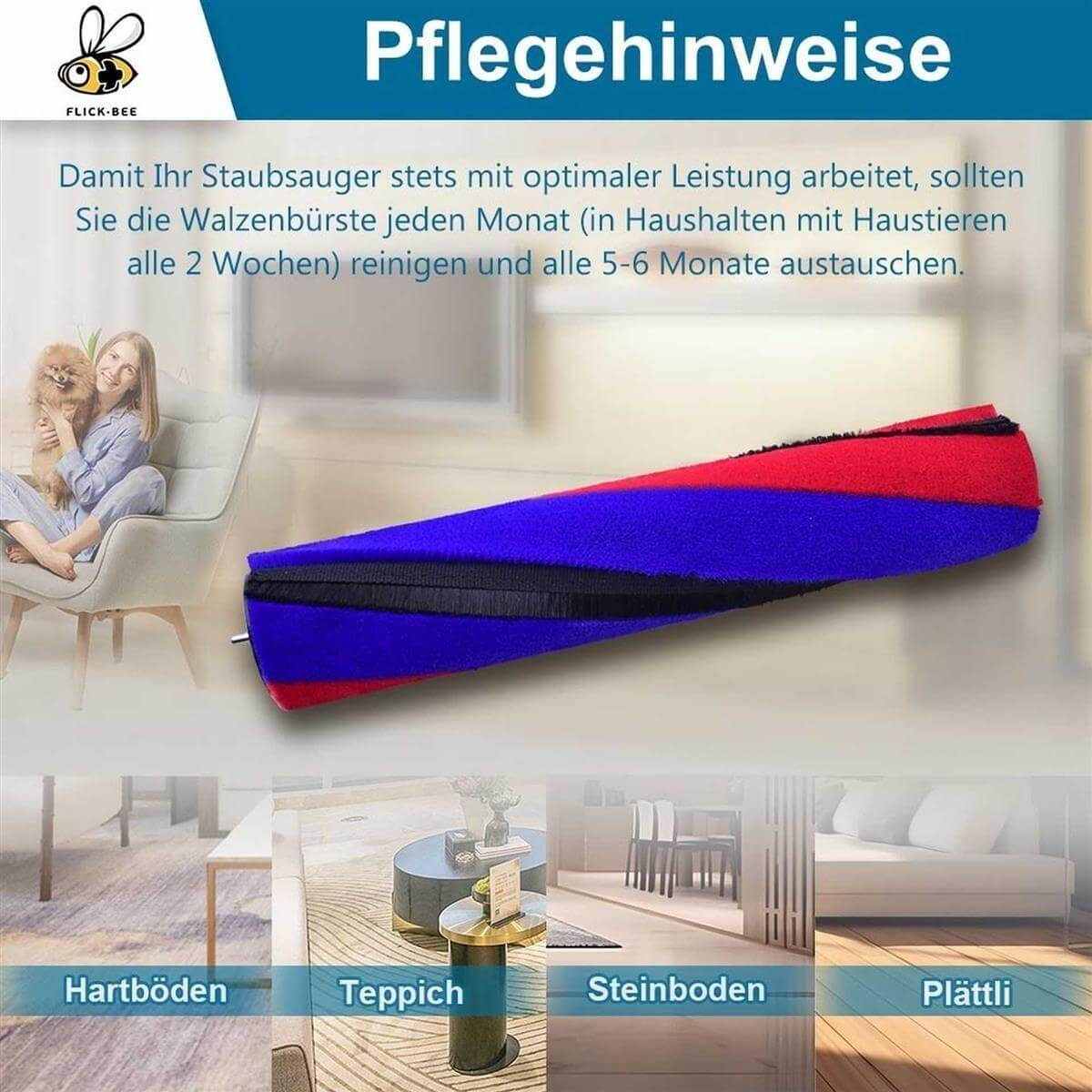 Staubsauger-Pflegehinweise mit Bürstenrolle und verschiedenen Bodenarten.
