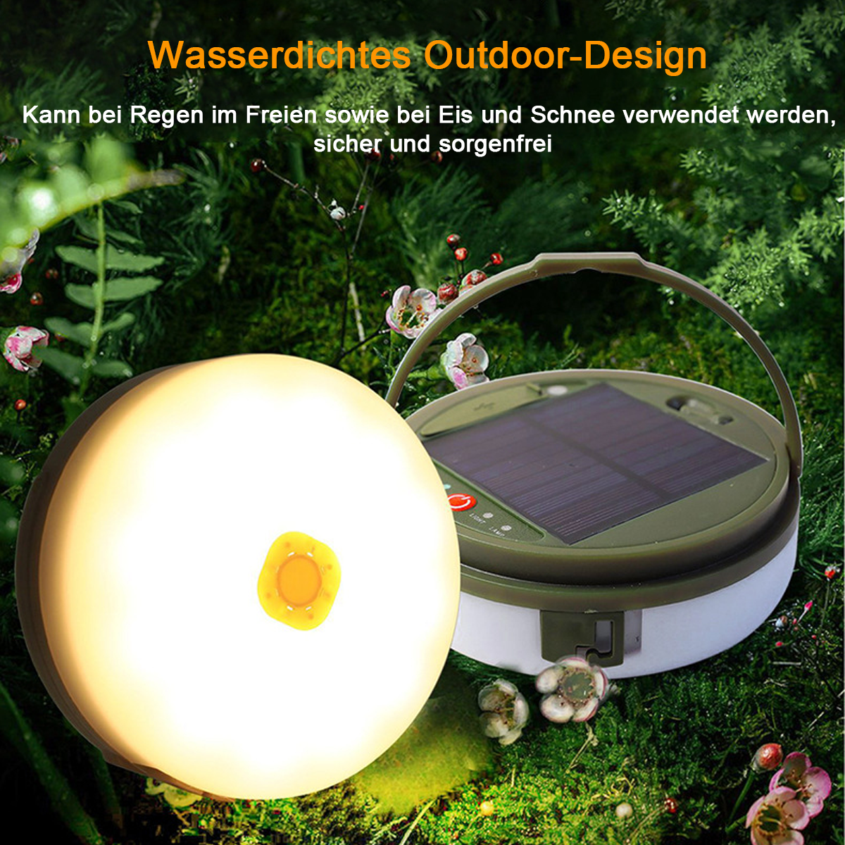 Leuchtende Laterne mit Solarpanel im Freien, umgeben von Grün.