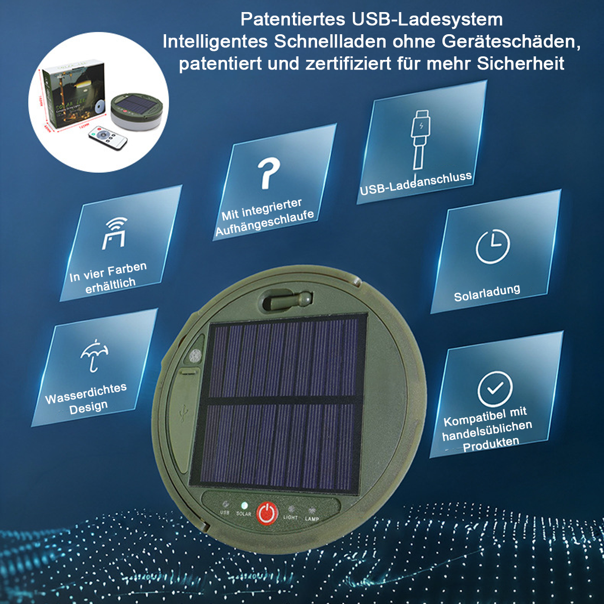 Ein Solar-Ladegerät mit USB-Anschluss, wasserdicht, in vier Farben erhältlich.