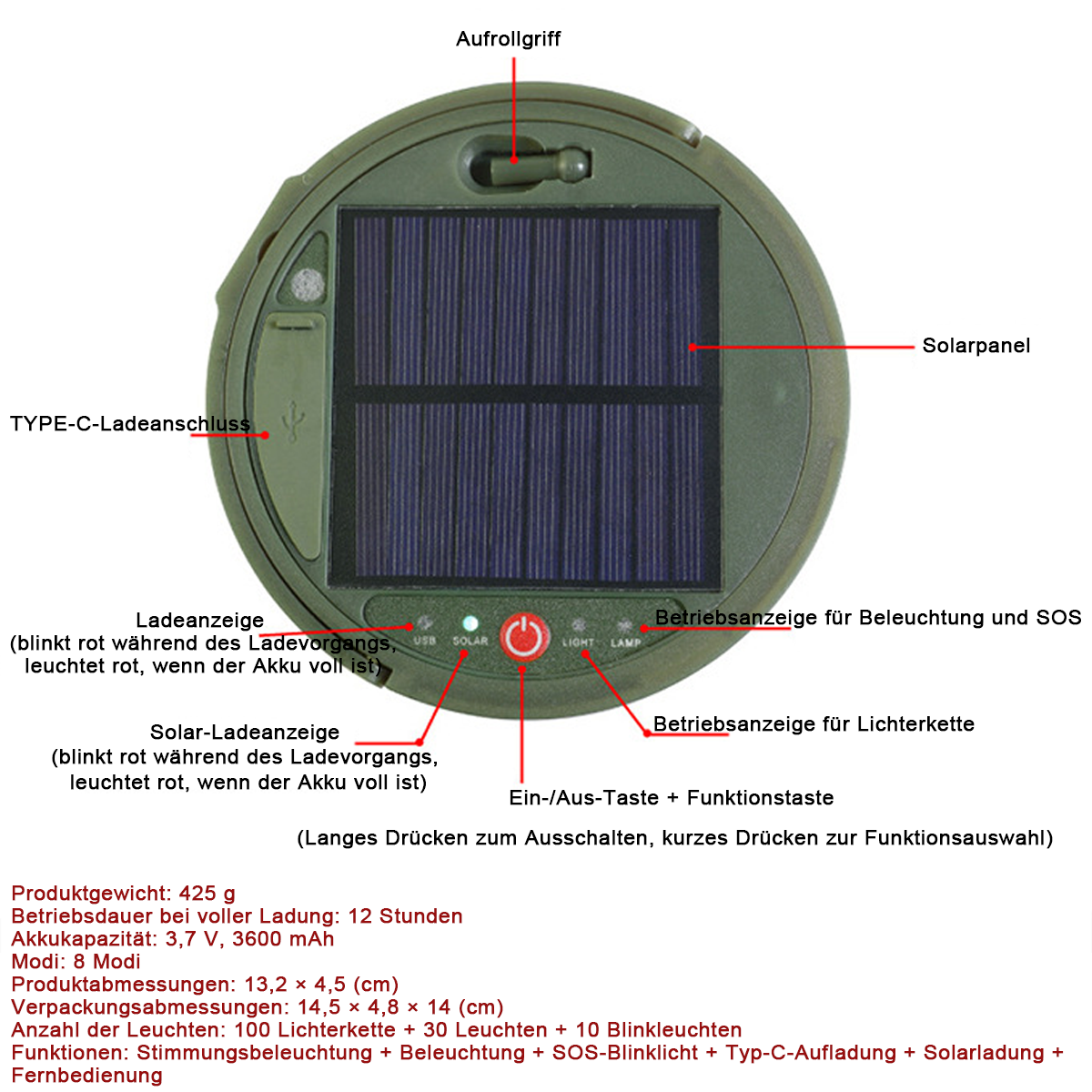 Lampe mit Solarpanel, Ladeanschluss, Tasten und Ladeanzeigen.