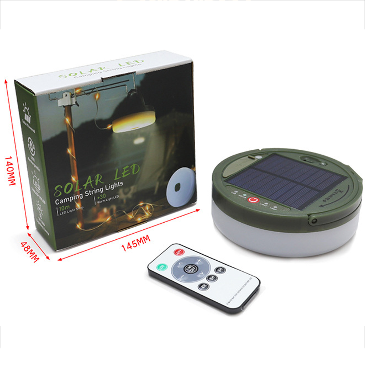 Solar-LED-Camping-Lichterkette mit Fernbedienung und Solarleuchte.