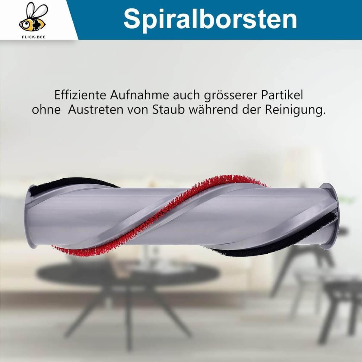 Staubsaugerbürstenrolle mit roten und schwarzen Borsten. Text: Spiralborsten.