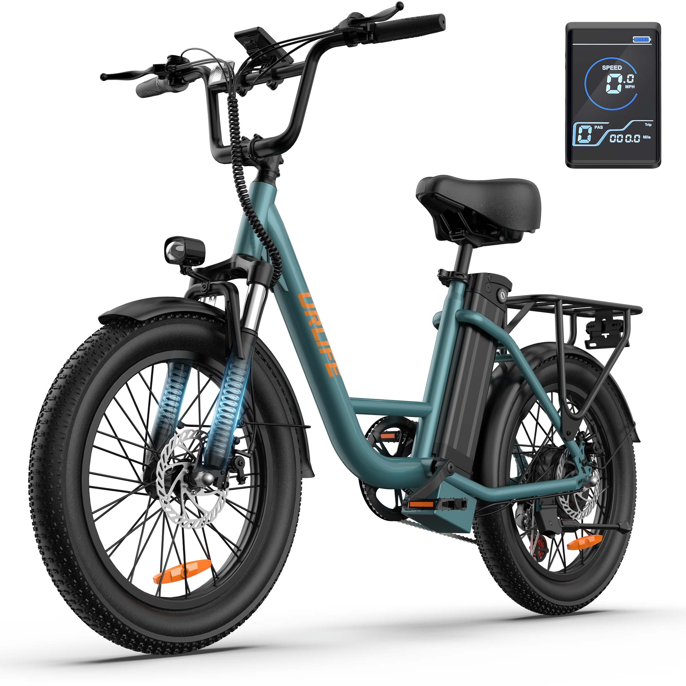 Una bicicleta eléctrica verde azulado con neumáticos anchos, portaequipajes y pantalla.