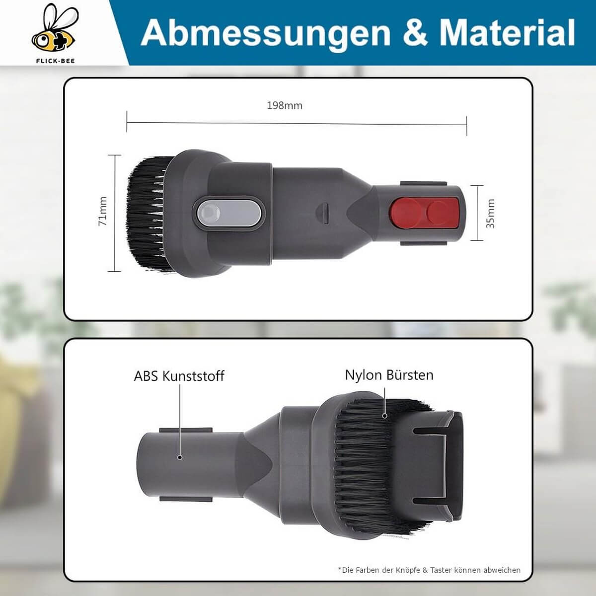 Accessorio aspirapolvere grigio: 198mm lungo, 71mm largo, 35mm profondo. In ABS e nylon.
