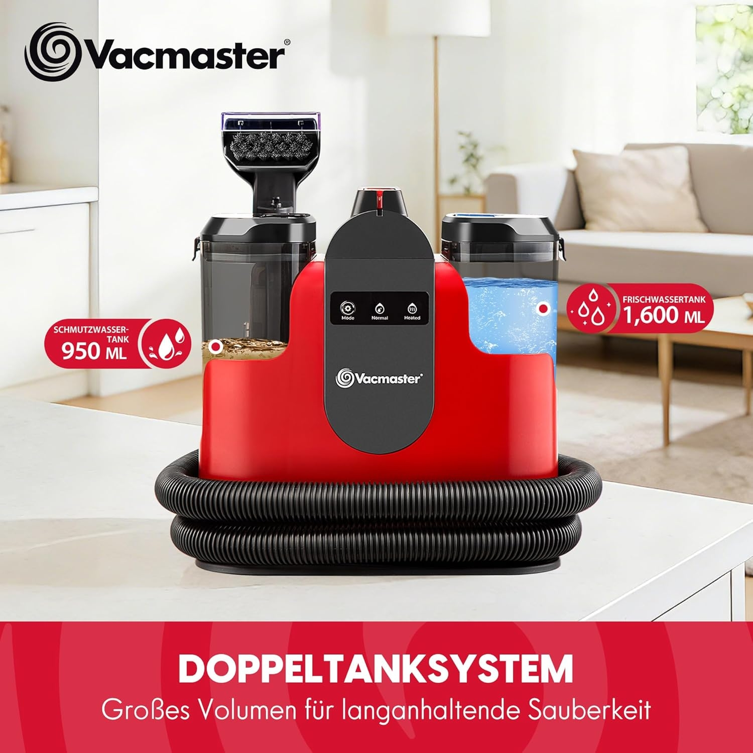 Roter Vacmaster Nass-/Trockensauger mit zwei Tanks: 950ml Schmutz-, 1600ml Frischwasser.