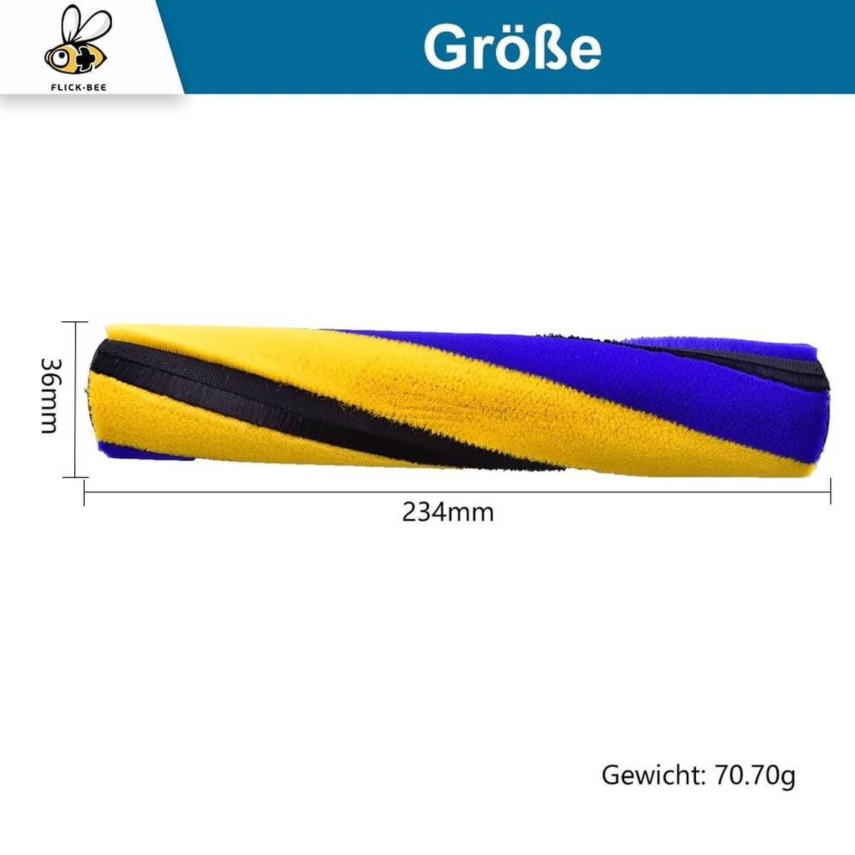 Una testina spazzola blu e gialla, larga 36mm e lunga 234mm.