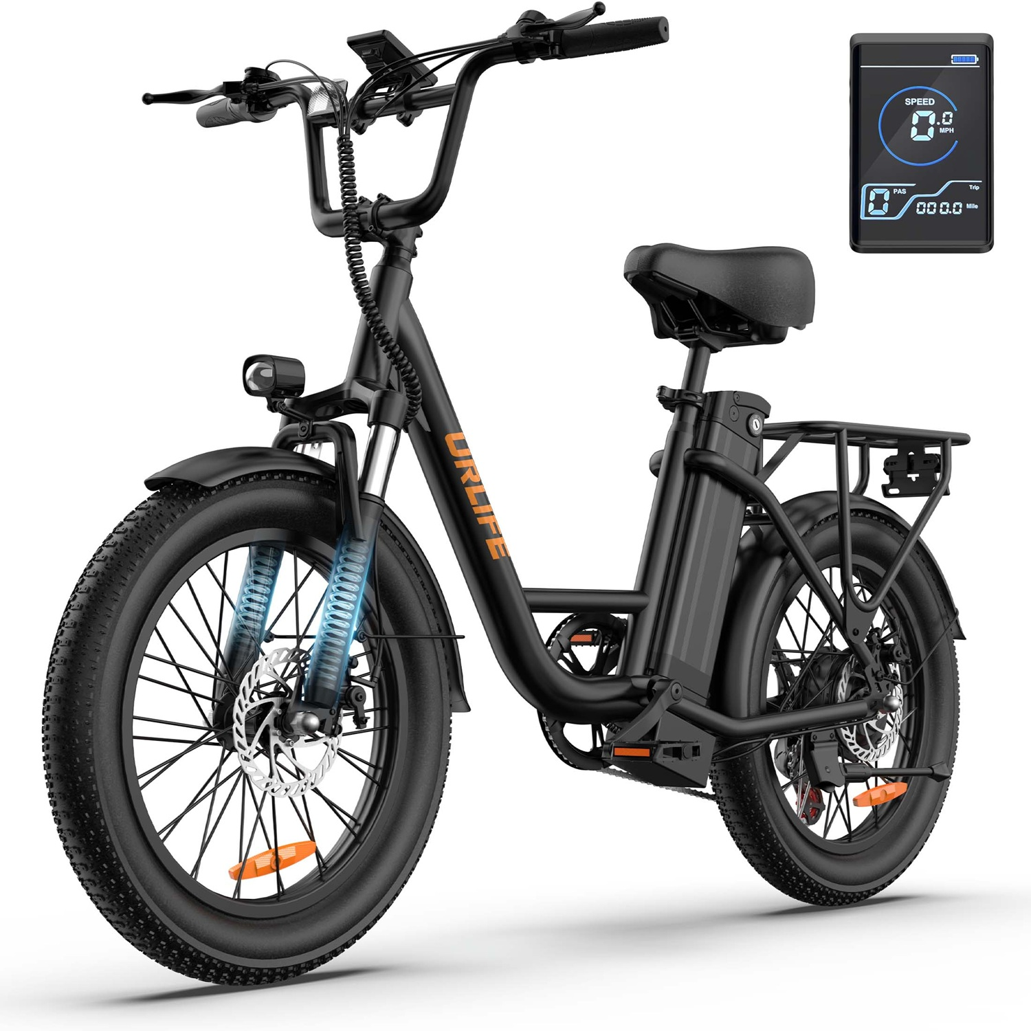 Bicicleta eléctrica negra con neumáticos anchos, horquilla de suspensión y portaequipajes.