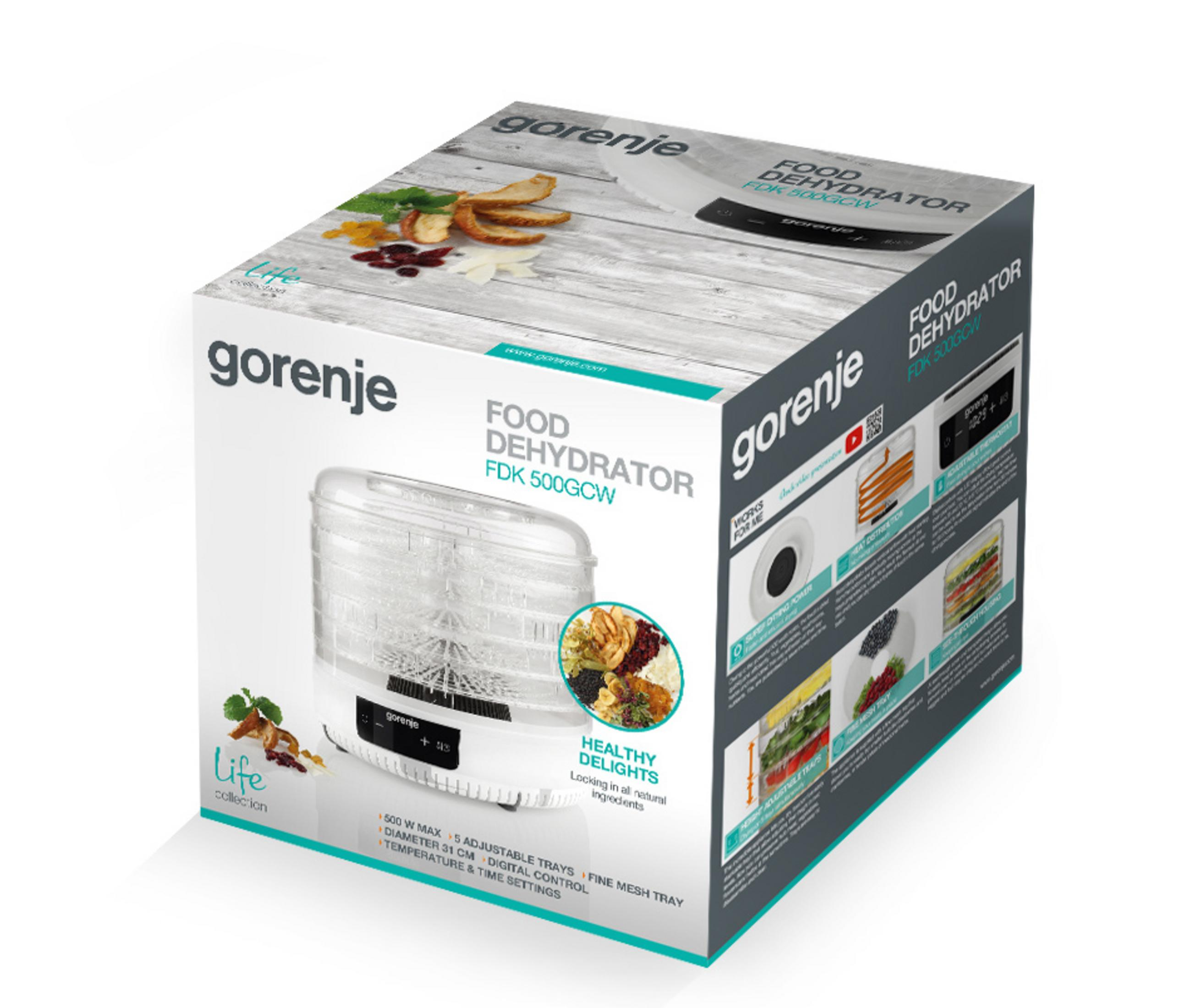 Verpackung eines Gorenje FDK 500GCW Dörrgeräts mit Früchten und Details.