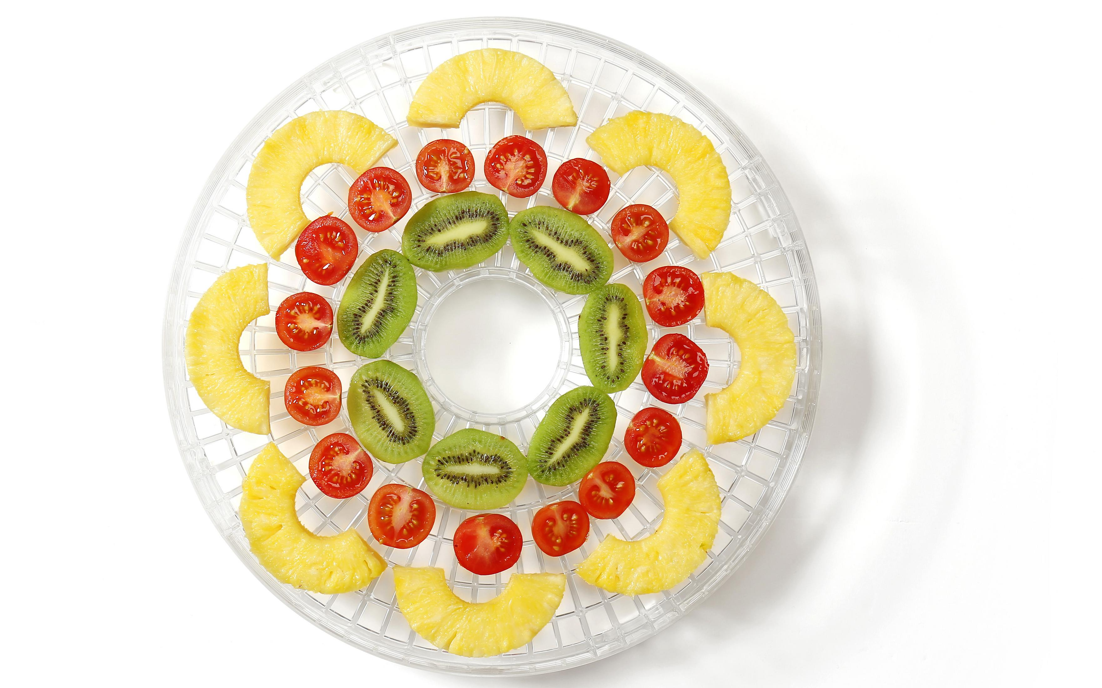 Ananasringe, Kiwischeiben und Kirschtomaten auf einem runden Dörrblech.