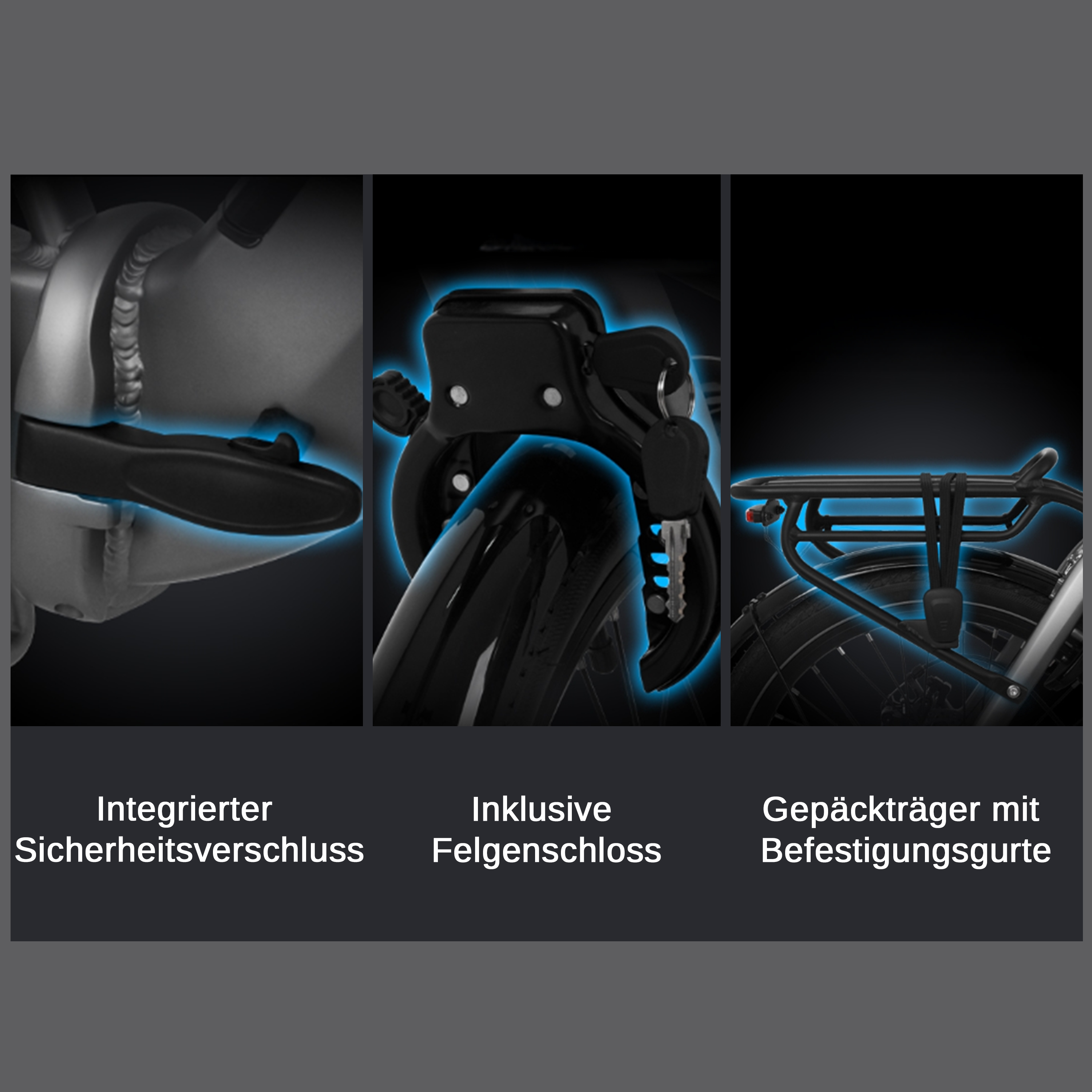 Nahaufnahme von Fahrradteilen: Schloss, Felgenschloss mit Schlüssel, Gepäckträger.
