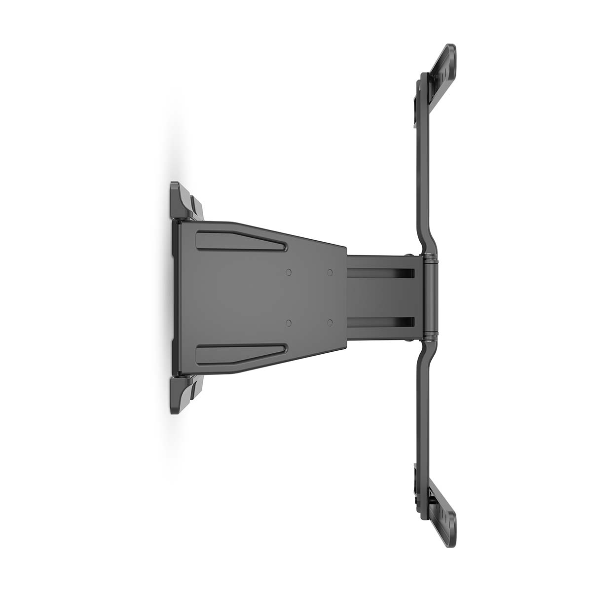Schwarze Wandhalterung für Fernseher mit schwenkbarem Arm auf weißem Hintergrund.