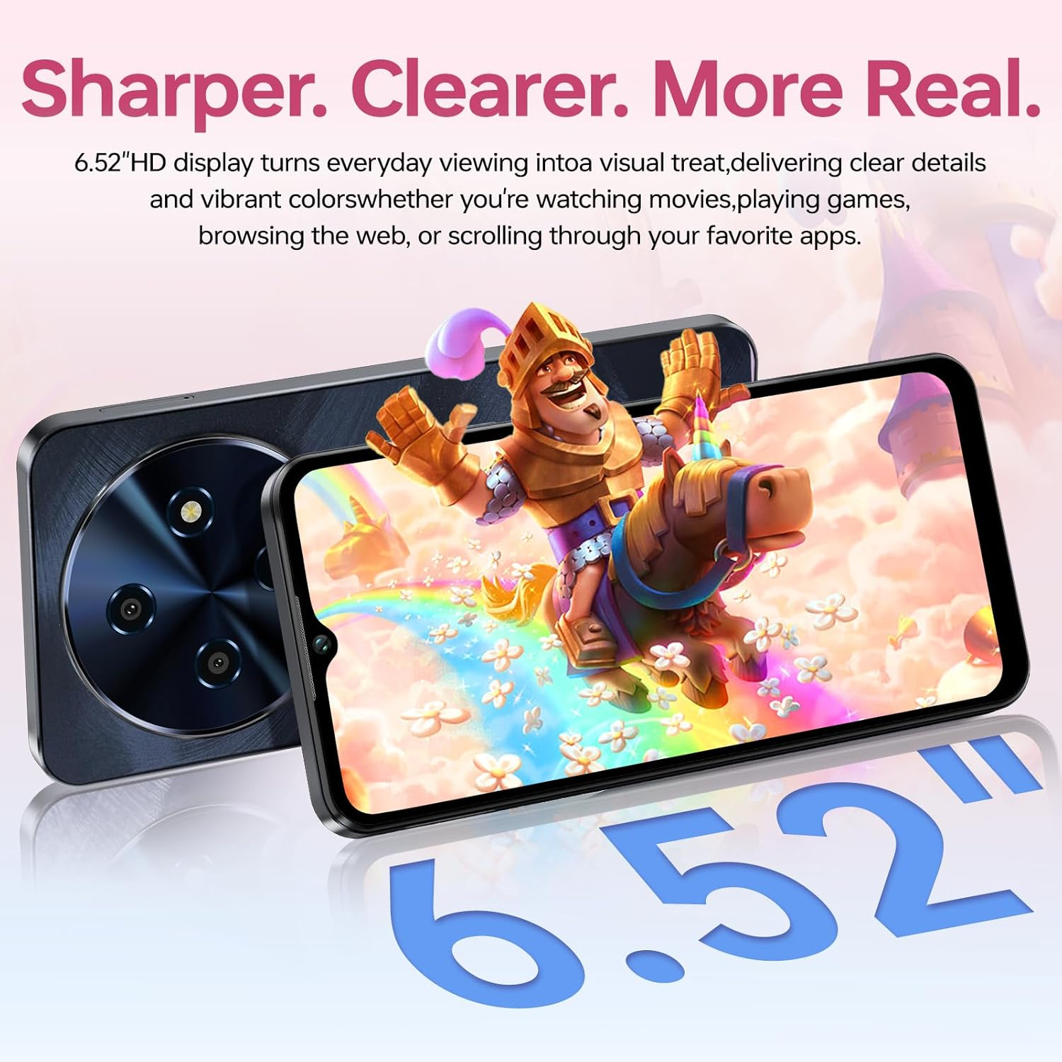 Un smartphone con pantalla de 6,52 pulgadas muestra un juego. El número 6,52 destaca.