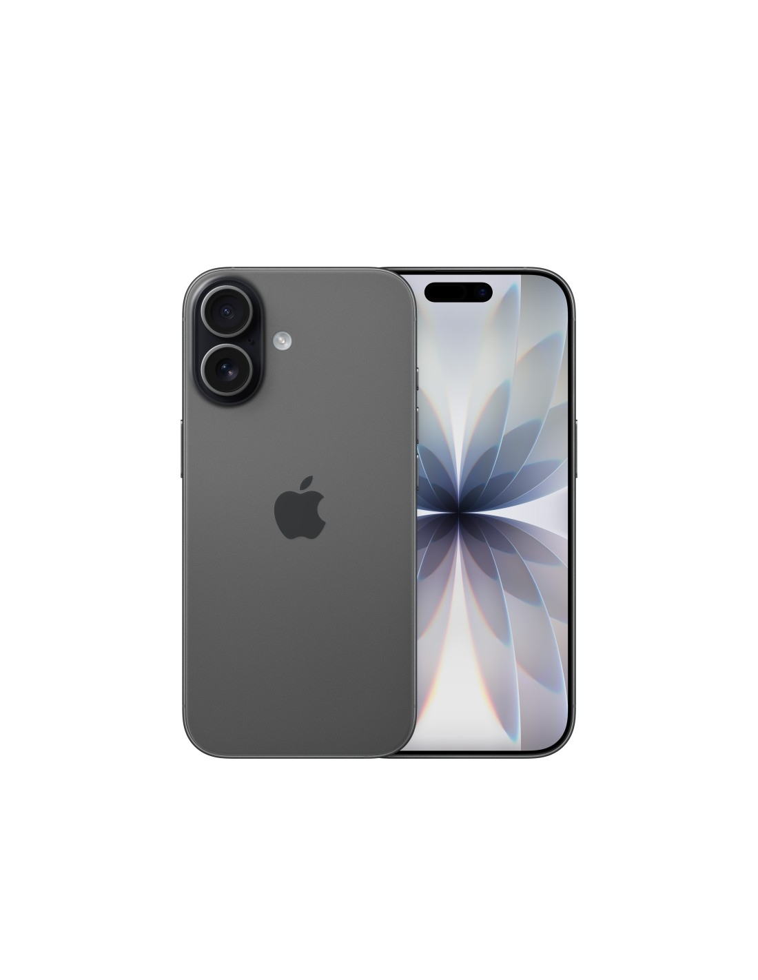 Un iPhone grigio scuro, retro e fronte, con sfondo blu simile a petali sullo schermo.