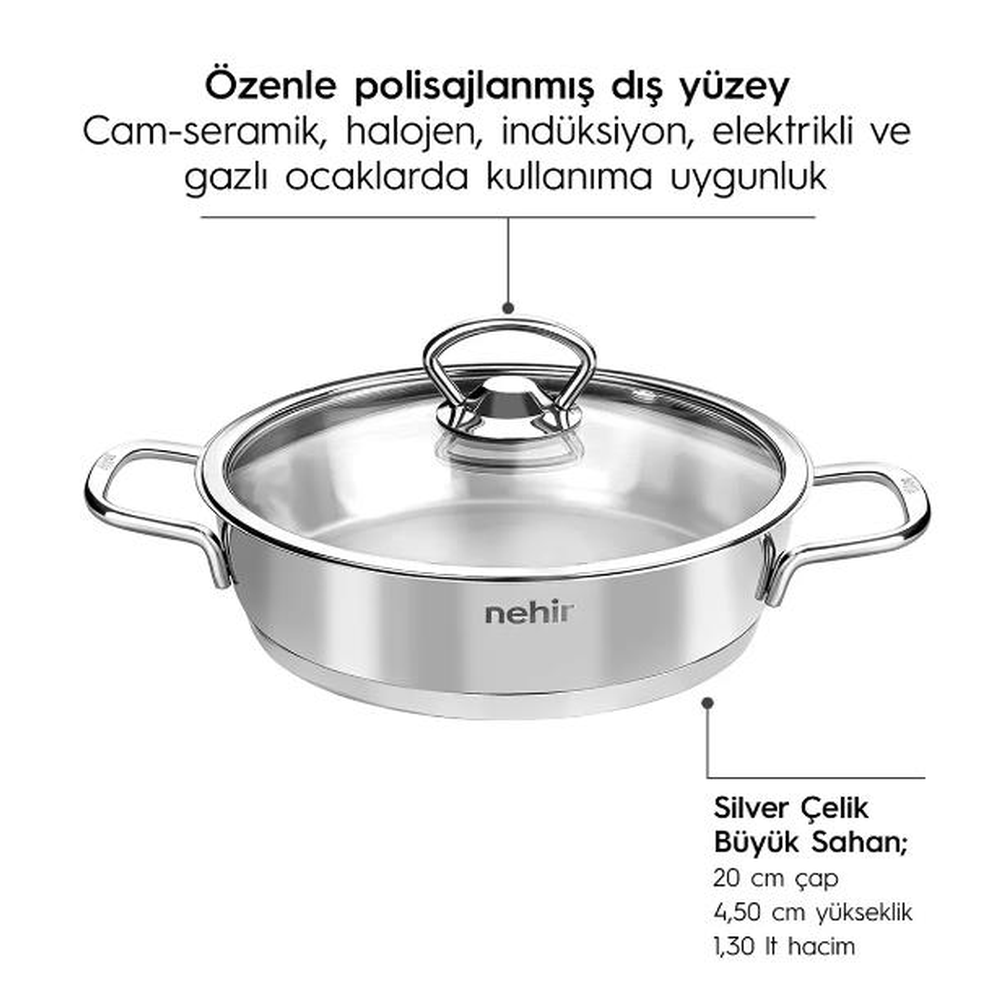 Parlak çelik tencere, cam kapaklı ve iki kulplu.