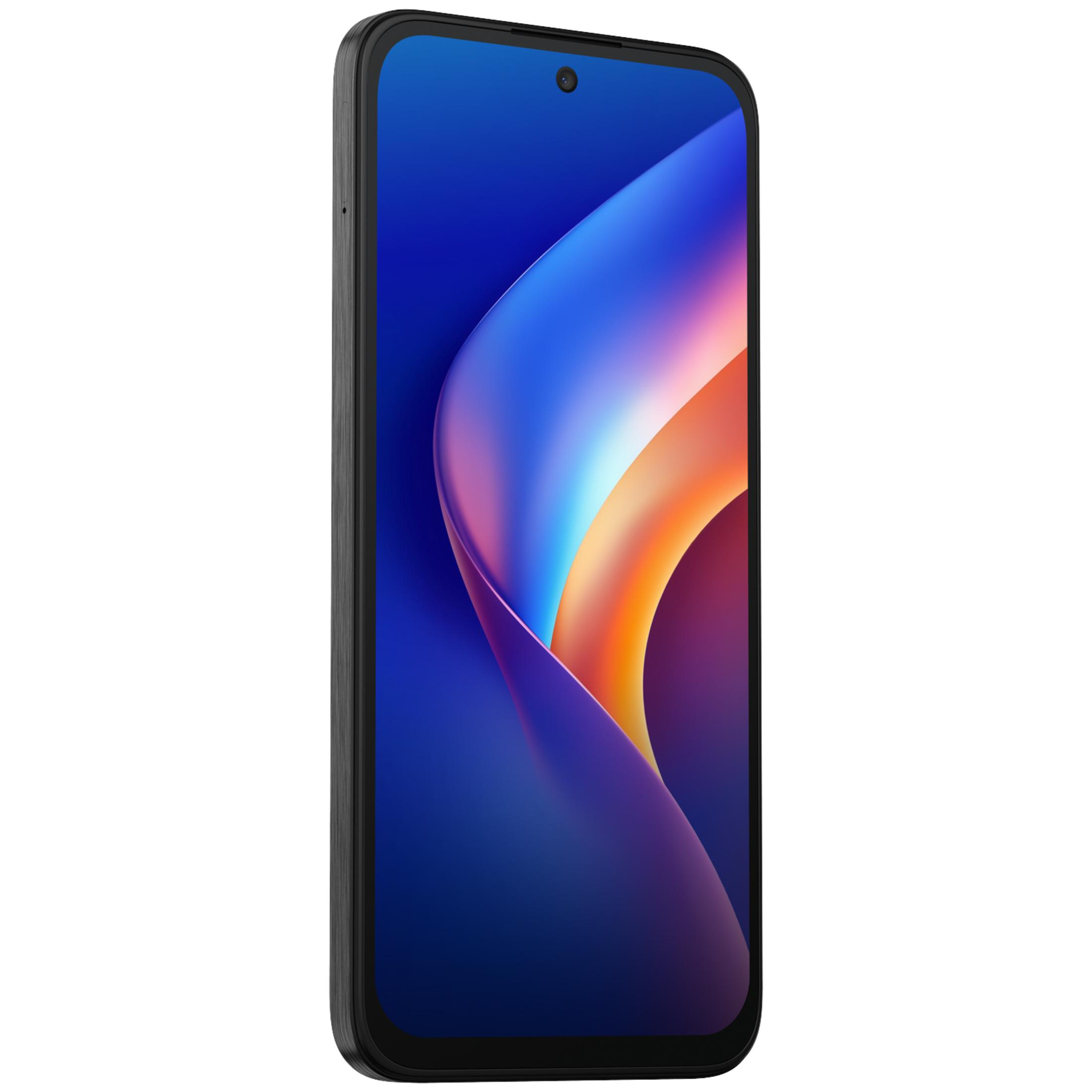 Czarny smartfon z niebiesko-pomarańczową tapetą. Widoczna jest przednia kamera.