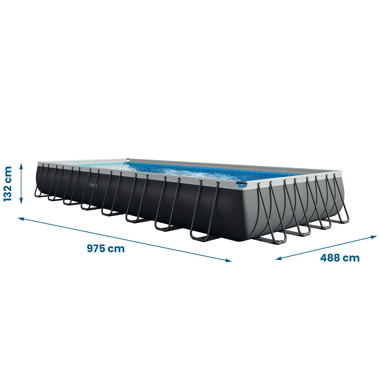 Piscina rettangolare con telaio in metallo, lunga 975 cm, larga 488 cm, alta 132 cm.