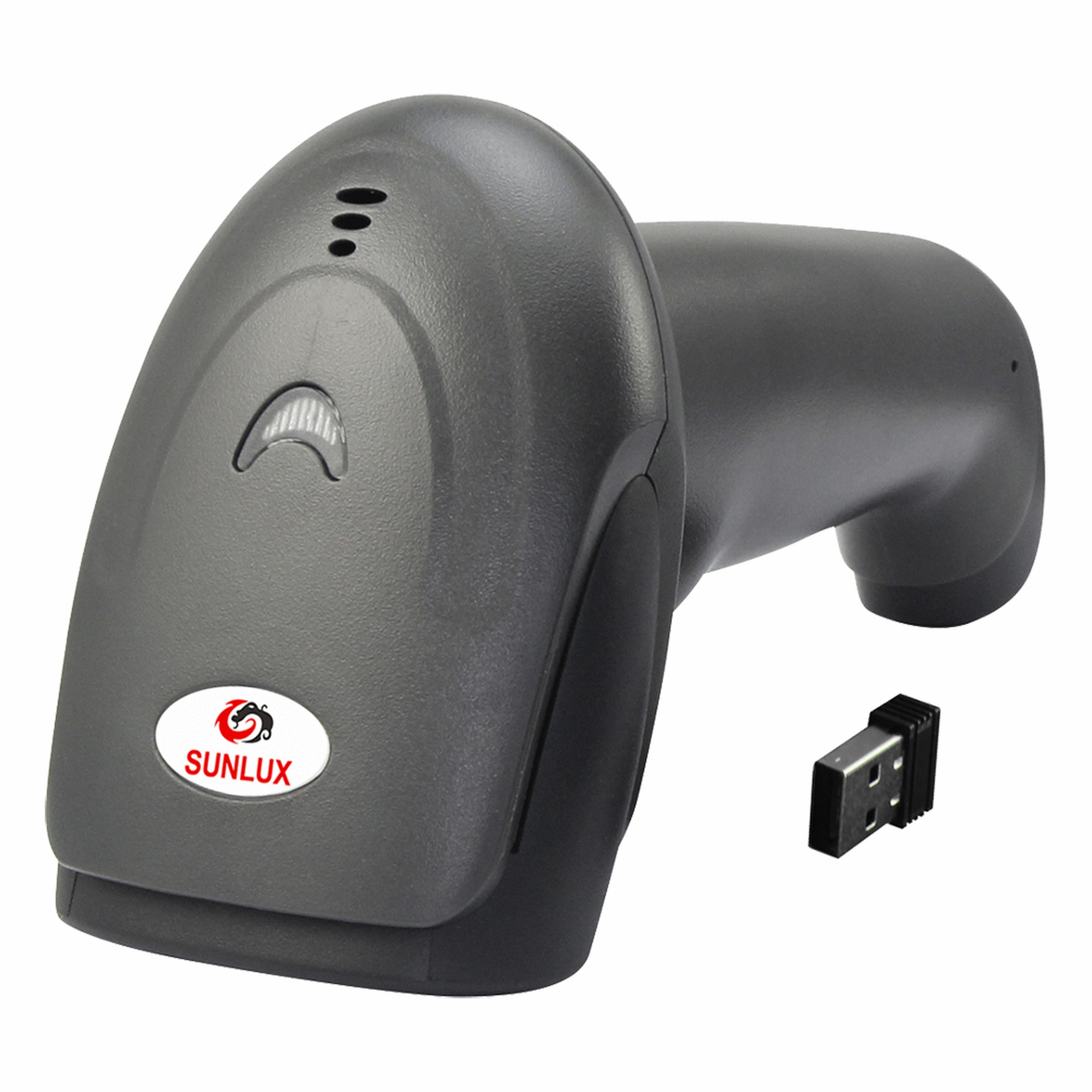 Beyaz arka plan üzerinde USB dongle'lı gri barkod okuyucu.