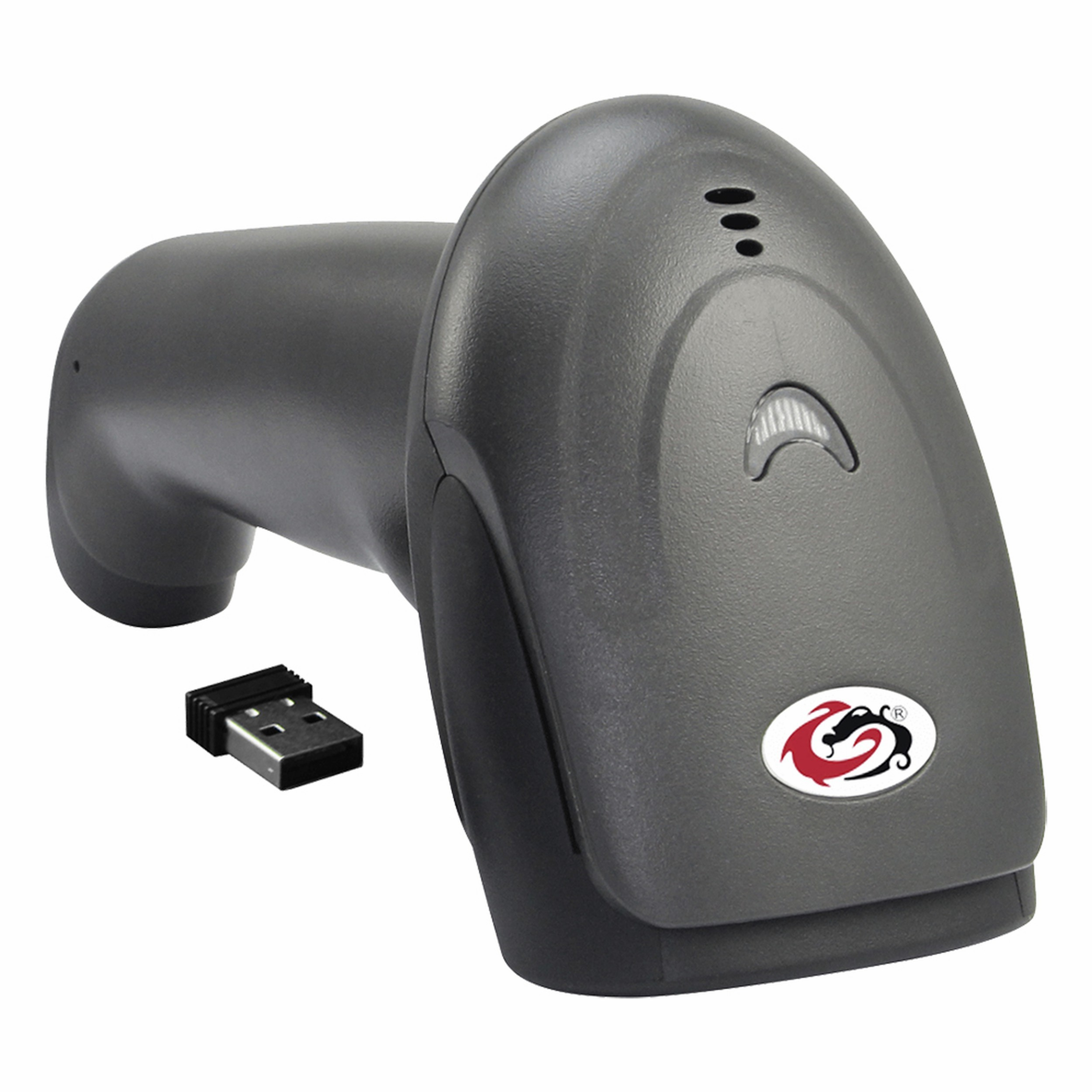 Ejderha logolu gri barkod okuyucu ve USB dongle.