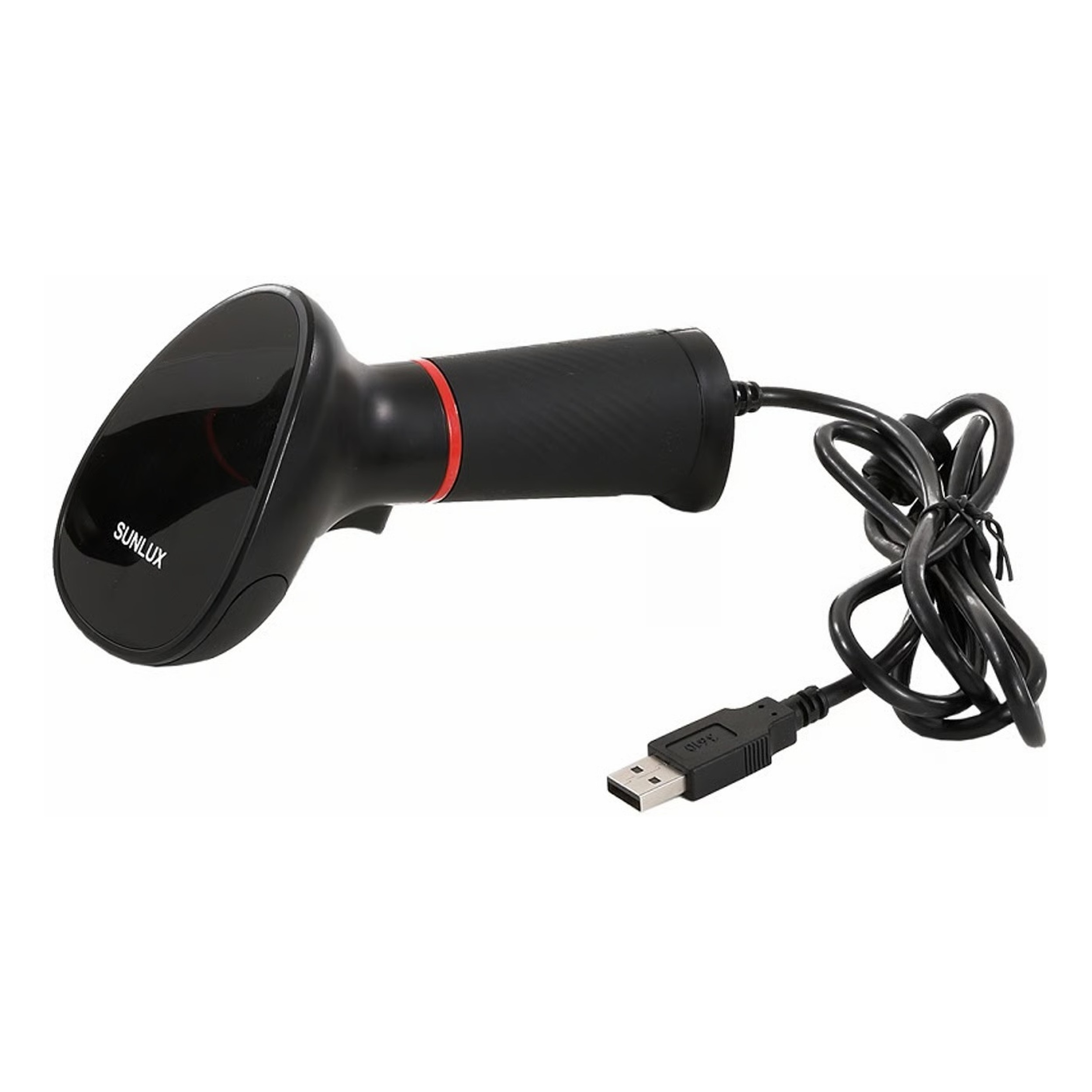 Kırmızı halkalı ve USB kablolu siyah barkod tarayıcı.