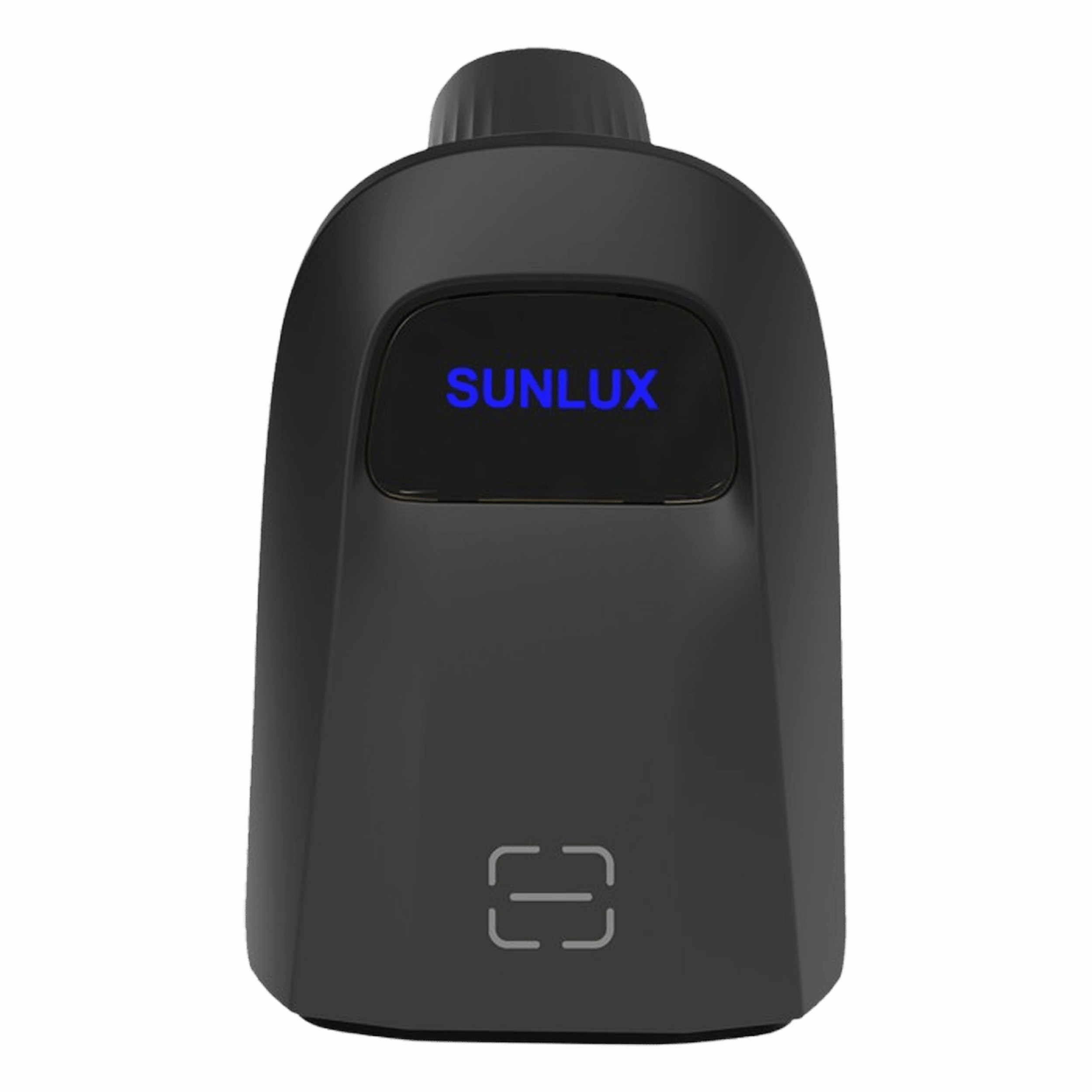SUNLUX yazan mavi ekrana sahip siyah bir cihaz.