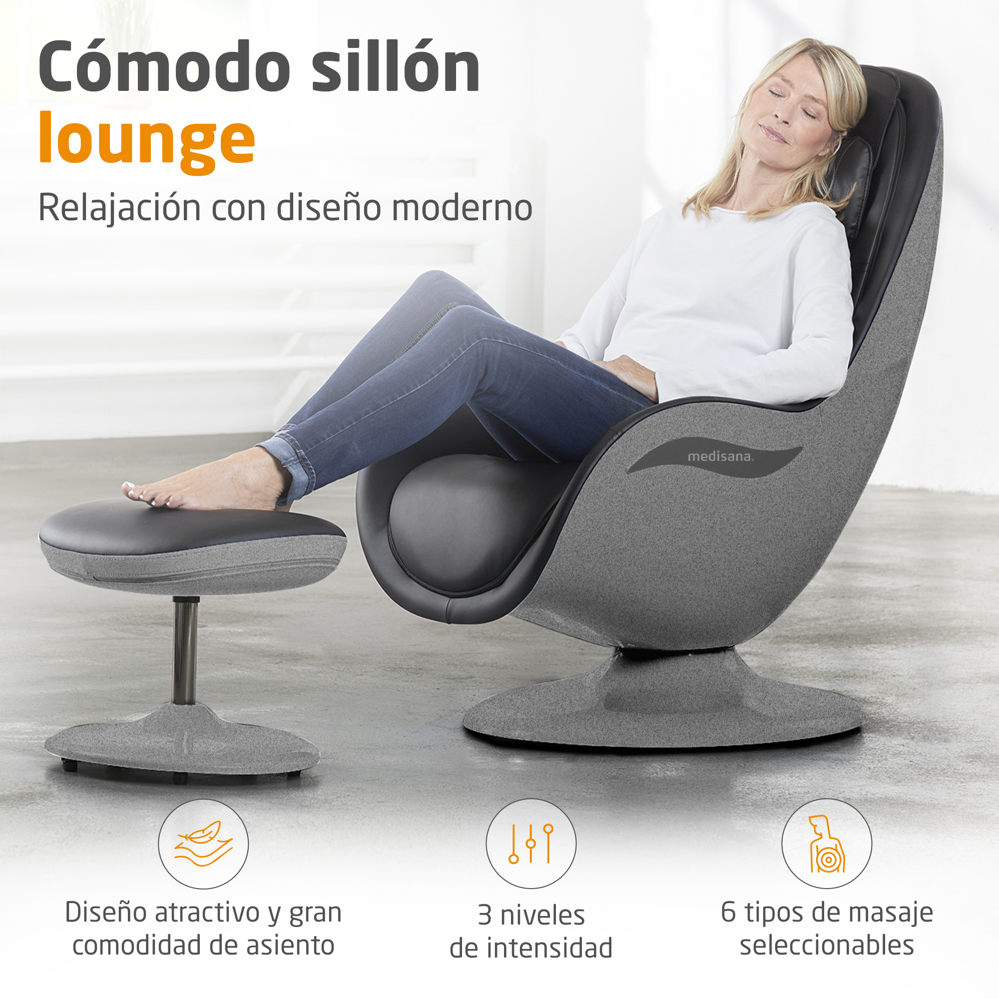 Una mujer se relaja en un sillón de masaje moderno con reposapiés. 3 niveles.