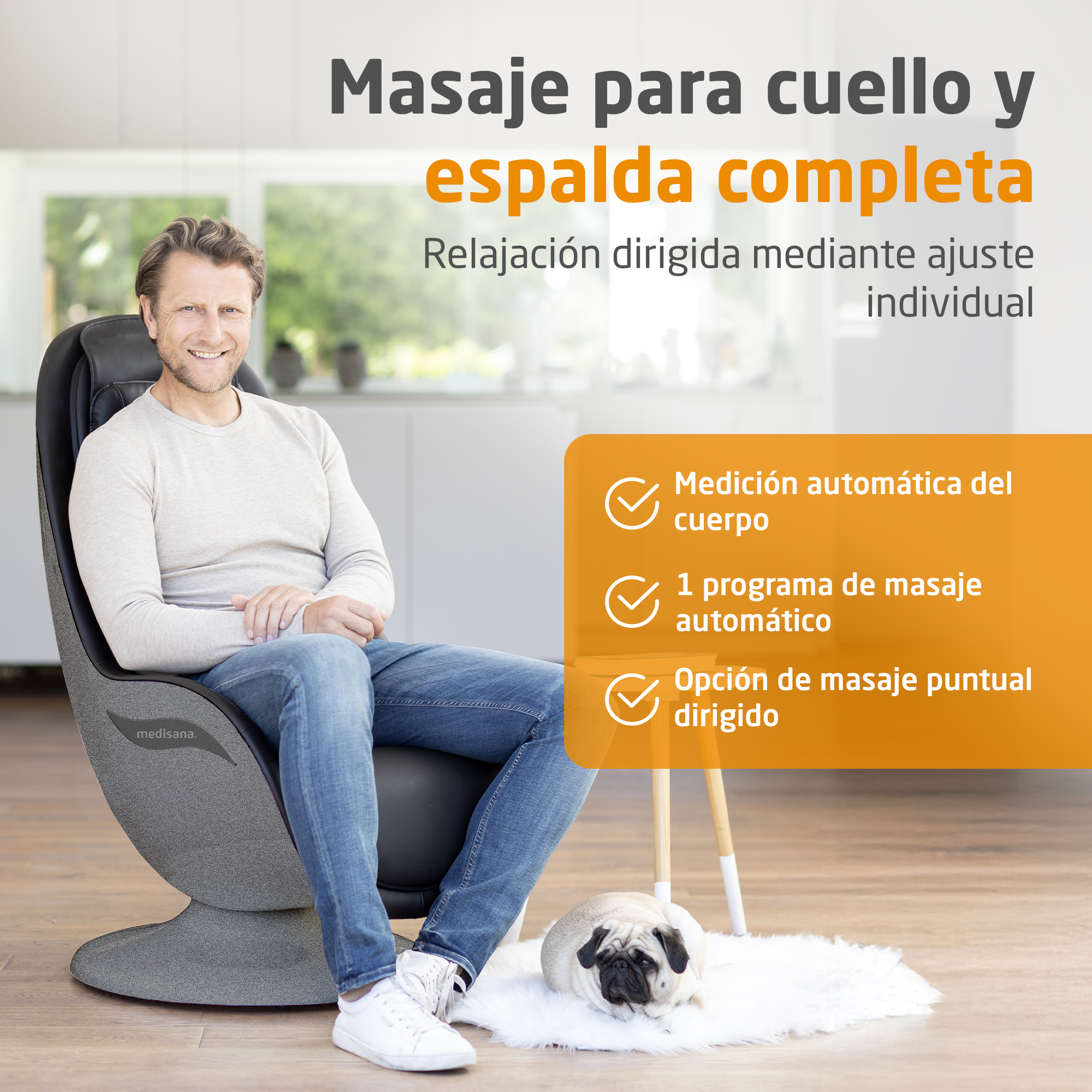 Hombre sentado en sillón de masajes con pug. Logo y texto "Medisana".