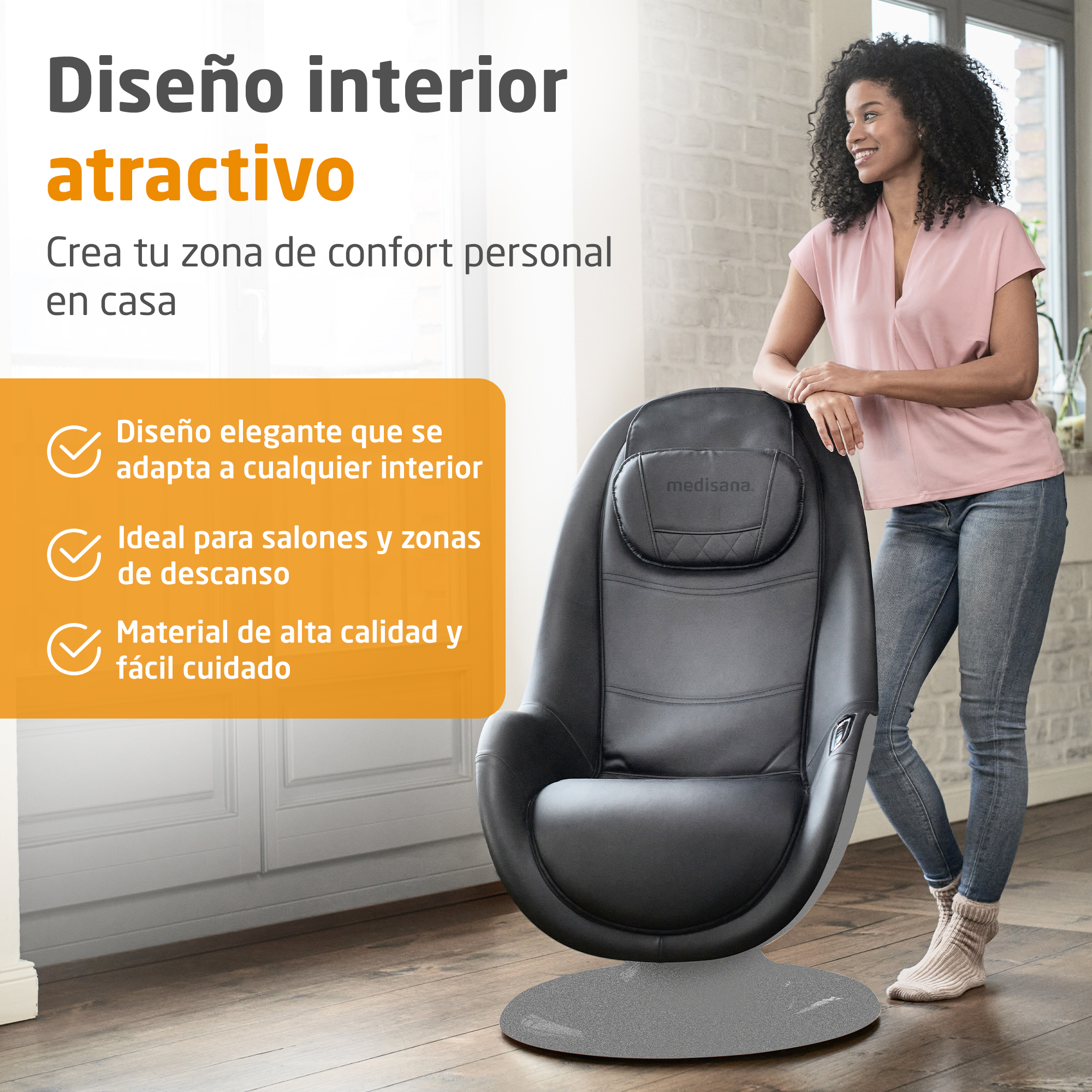Una mujer se apoya en un sillón de masaje negro. El texto describe el diseño.
