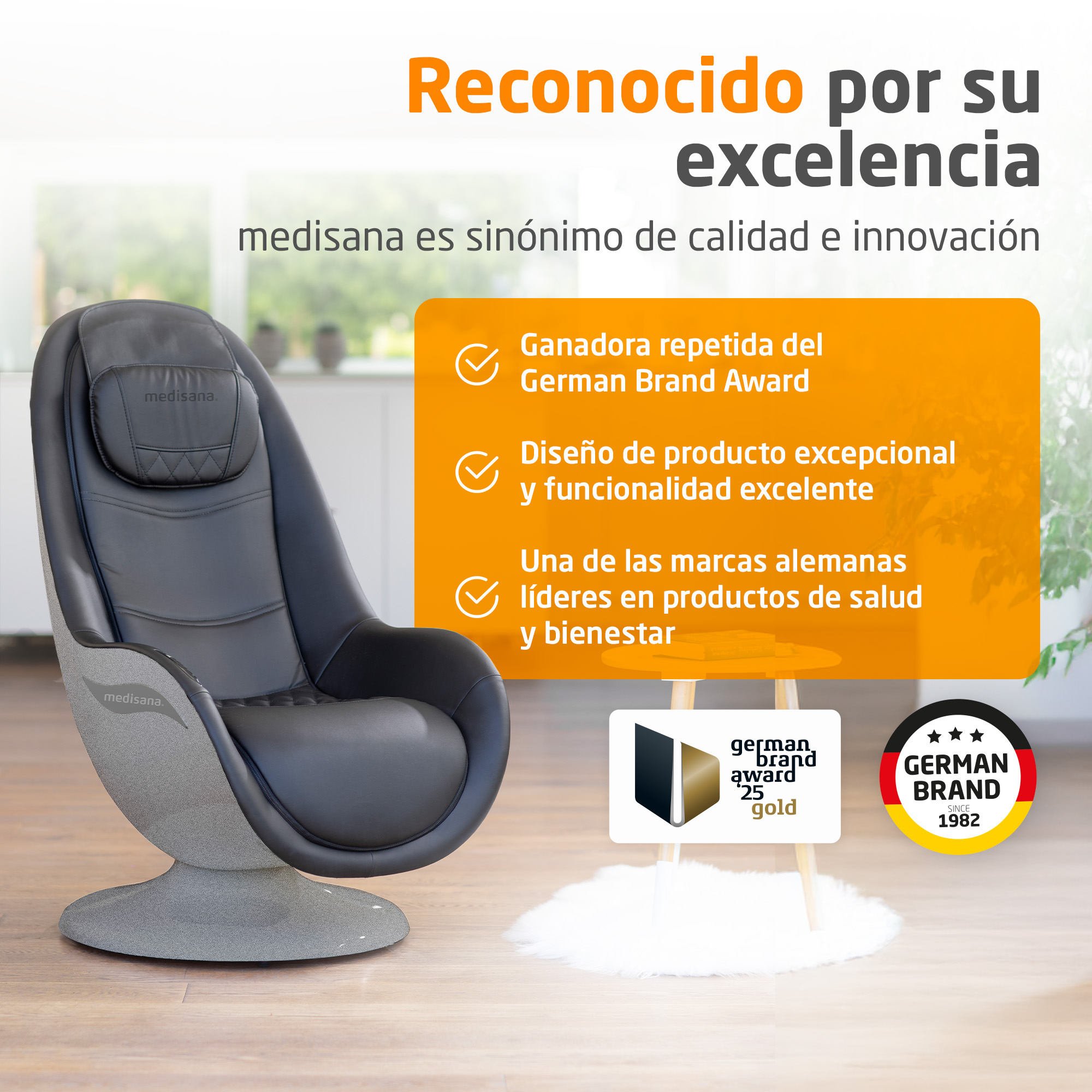 Un sillón de masaje Medisana negro con premios por diseño y calidad.