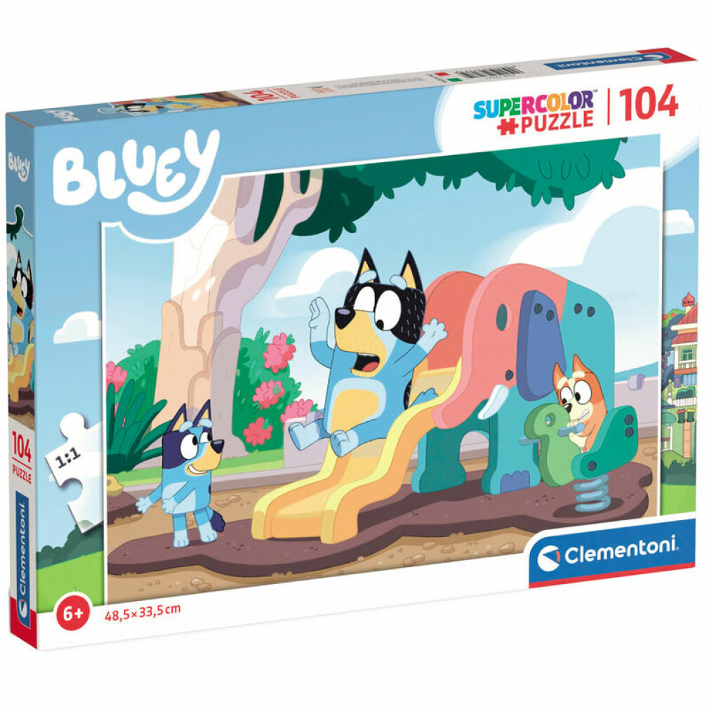 Bluey i Bingo na zjeżdżalni w kształcie słonia. Puzzle Clementoni.