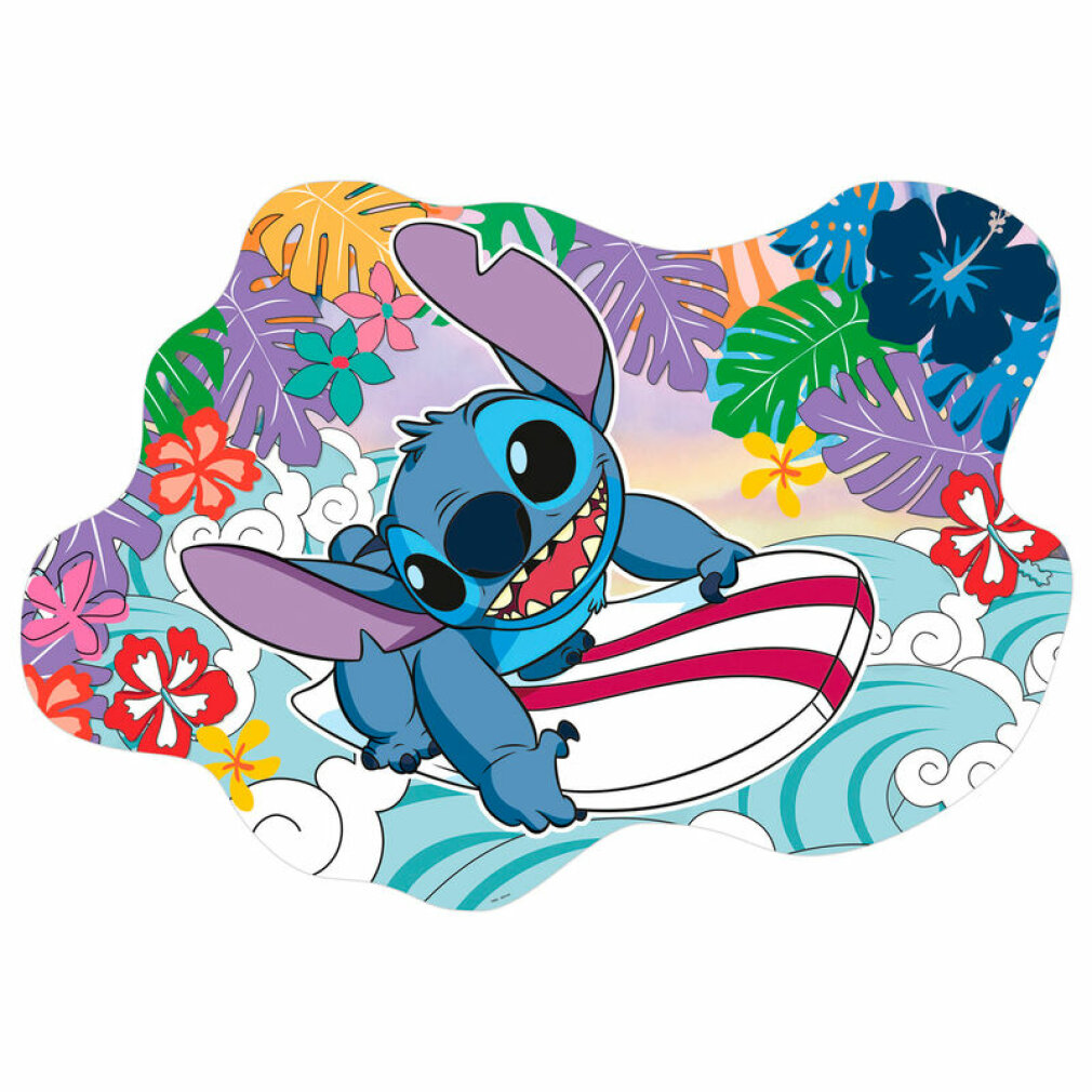 Stitch fa surf su una tavola da surf con onde e fiori tropicali sullo sfondo.