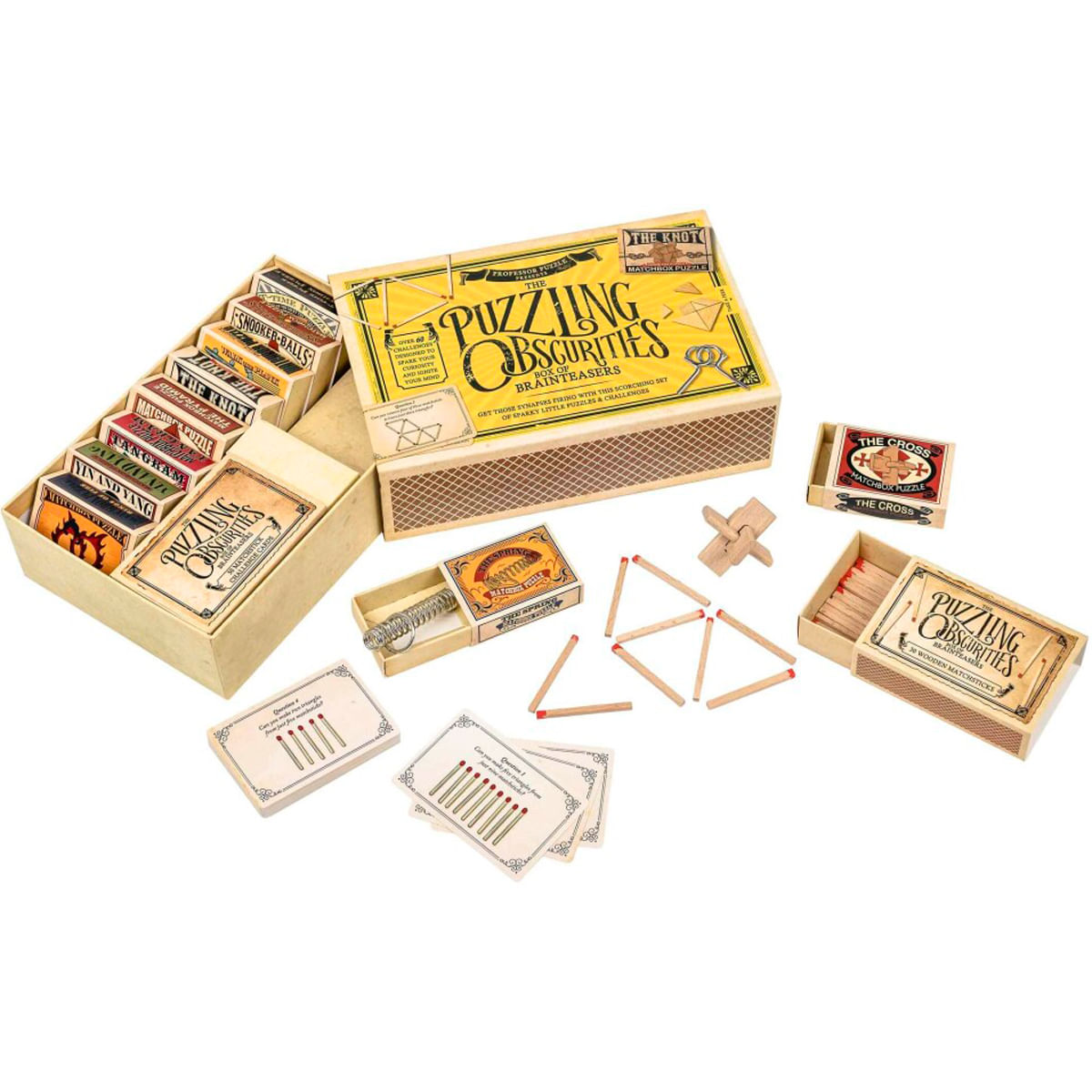 Un juego de Puzzling Obscurities Braintreasers con cerillas y piezas de madera.