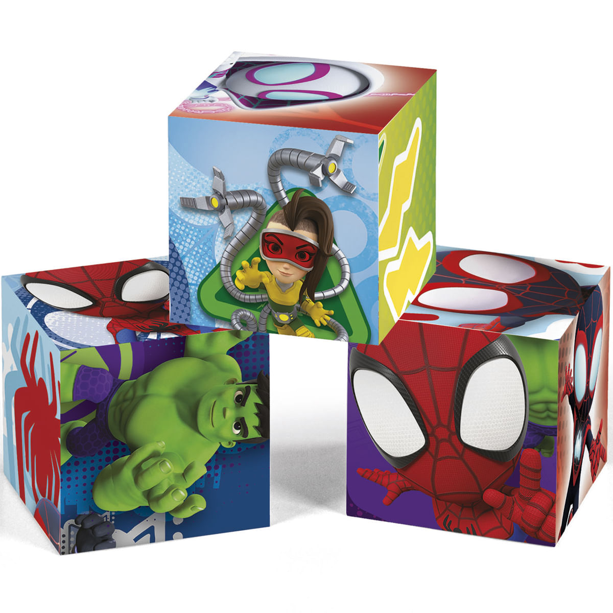 Tres bloques de superhéroes de Marvel: Hulk, Spider-Man y una niña con tentáculos.
