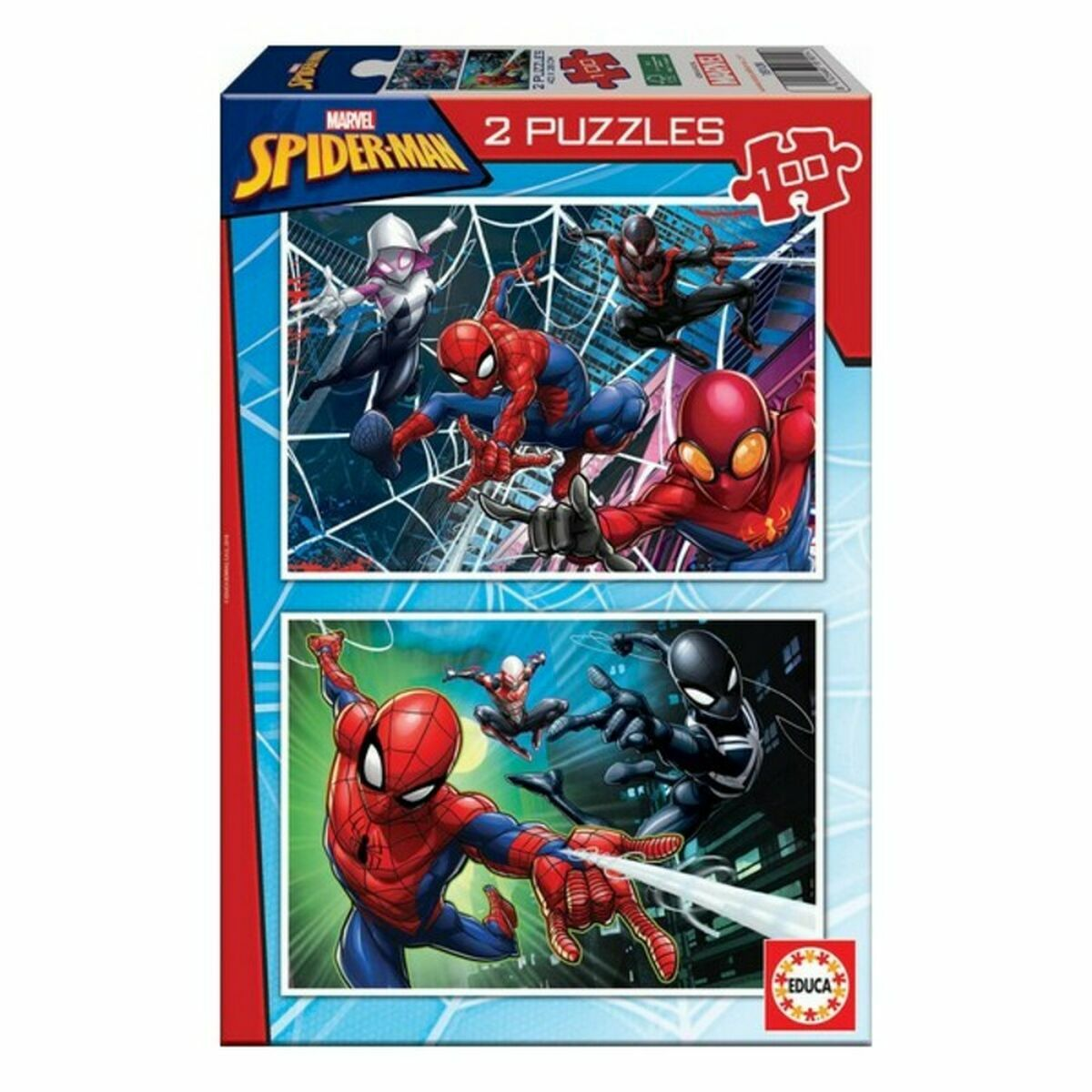 Scatola di Spider-Man mostra 2 puzzle. Sopra: Spidey, Ghost-Spider, Miles Morales. Sotto: Spidey, Venom.