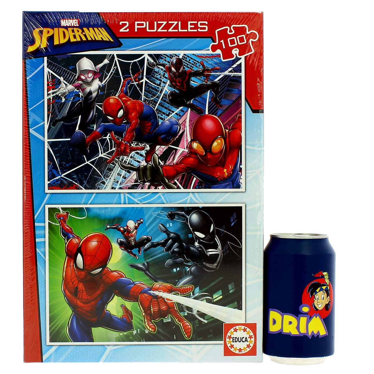 Scatola 2 puzzle Spider-Man con Spiderman e Ghost-Spider che combattono i cattivi. Una lattina blu accanto.