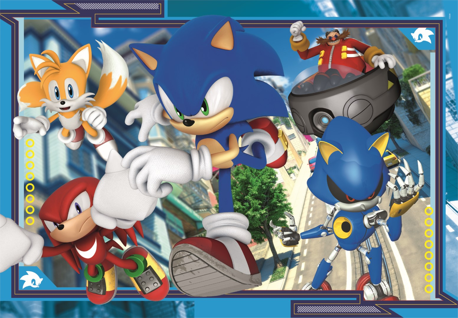 Sonic, Tails, Knuckles, Eggman y Metal Sonic en un entorno urbano.