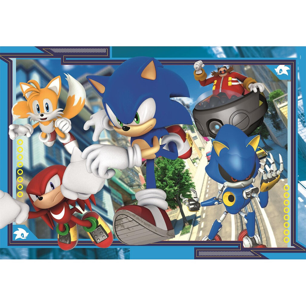 Sonic, Tails, Knuckles, Metal Sonic y Dr. Eggman en una escena urbana.