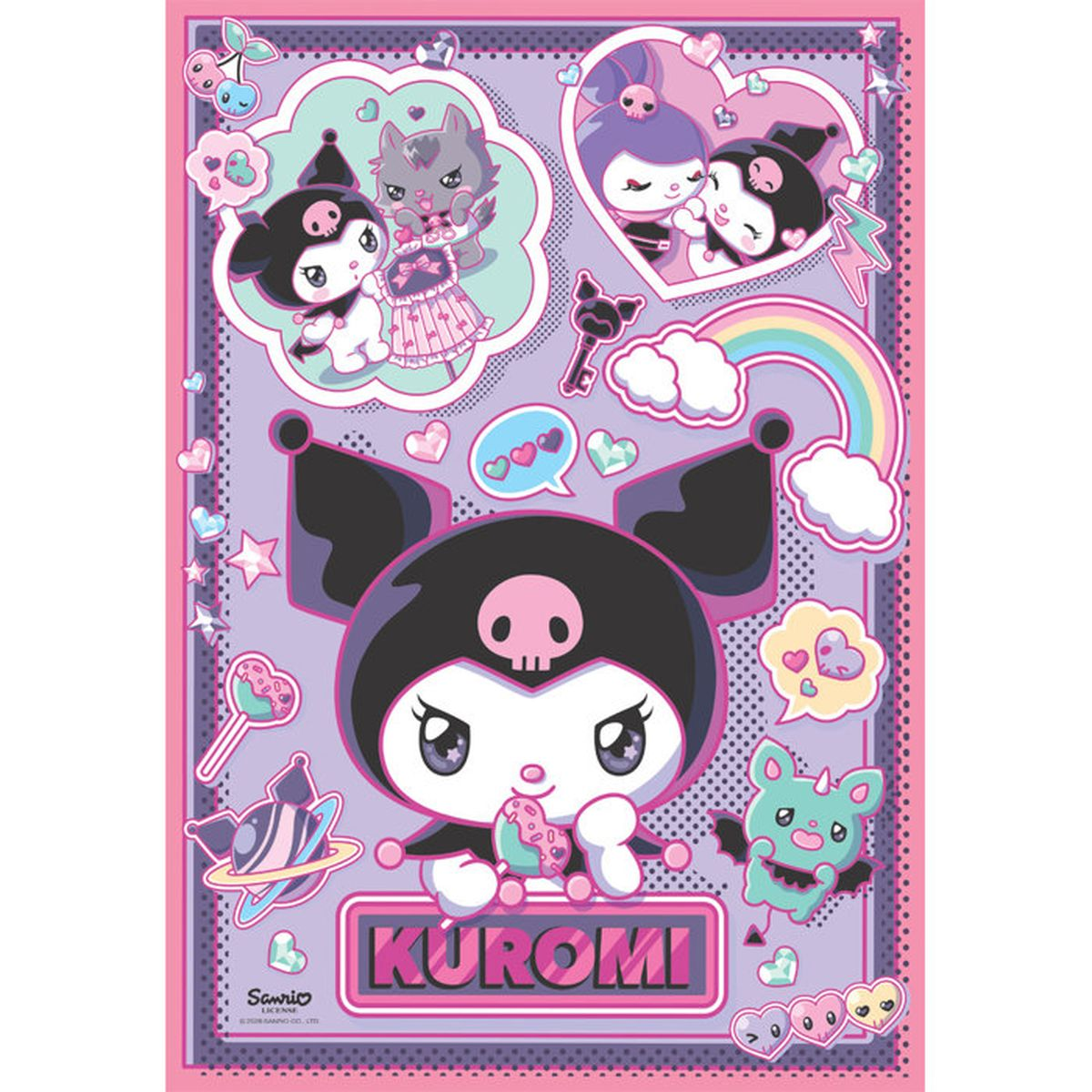 Kuromi y amigos sobre un fondo morado con corazones y estrellas.
