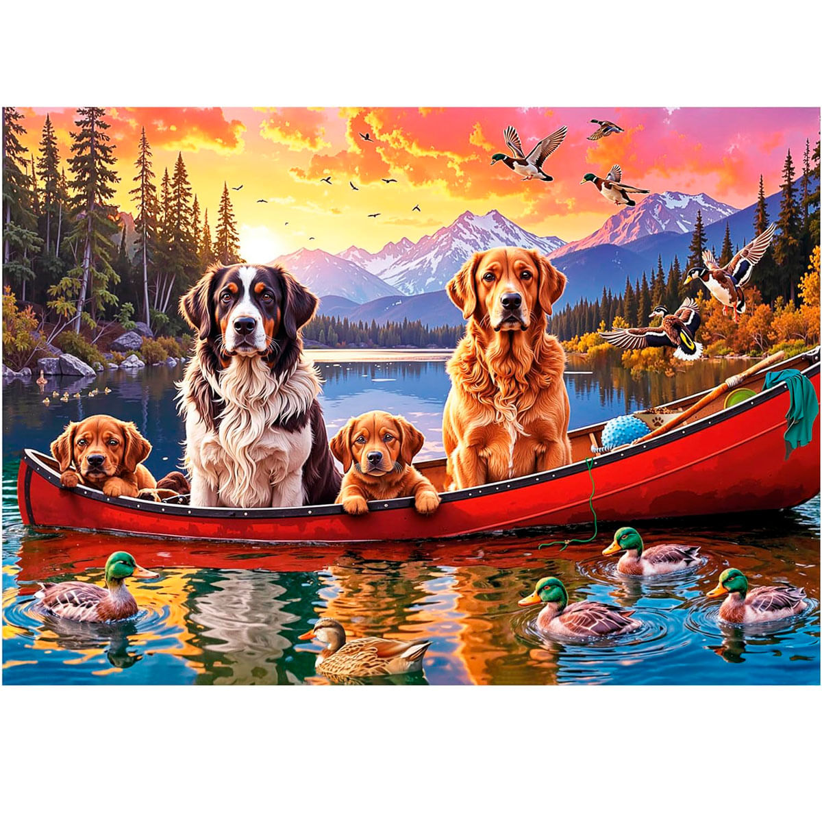 Cuatro perros en una canoa en un lago al atardecer con patos.