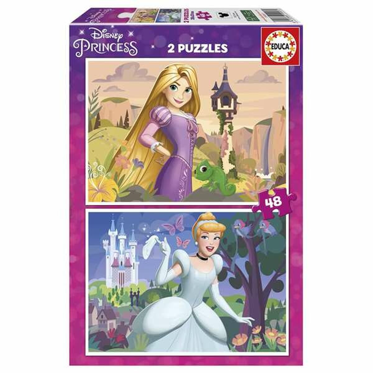 Puzzles de Princesas Disney: Rapunzel con Pascal y Cenicienta frente a un castillo.