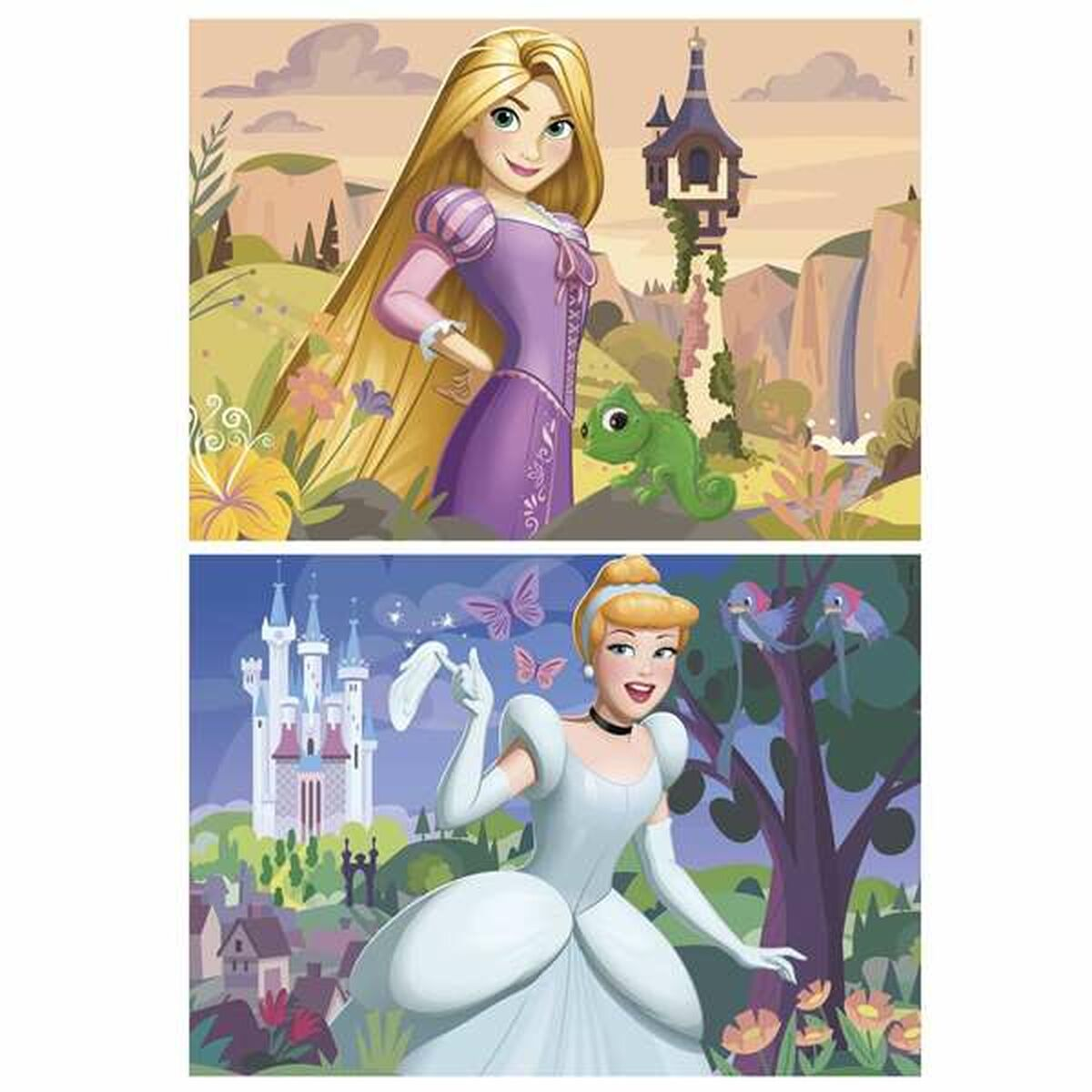 Rapunzel con Pascal y Cenicienta en su vestido de gala.
