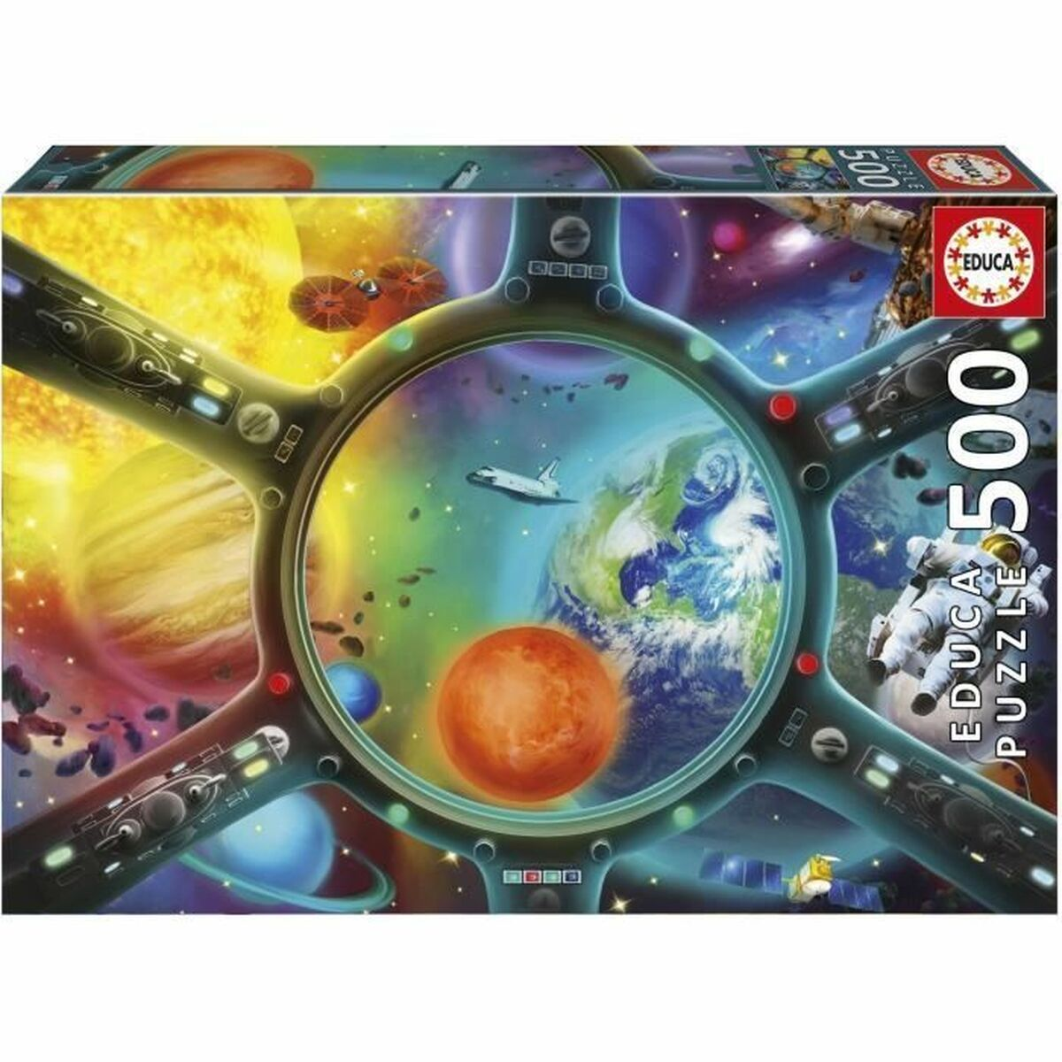 Estación espacial con vista de la Tierra, el Sol, planetas y astronauta.