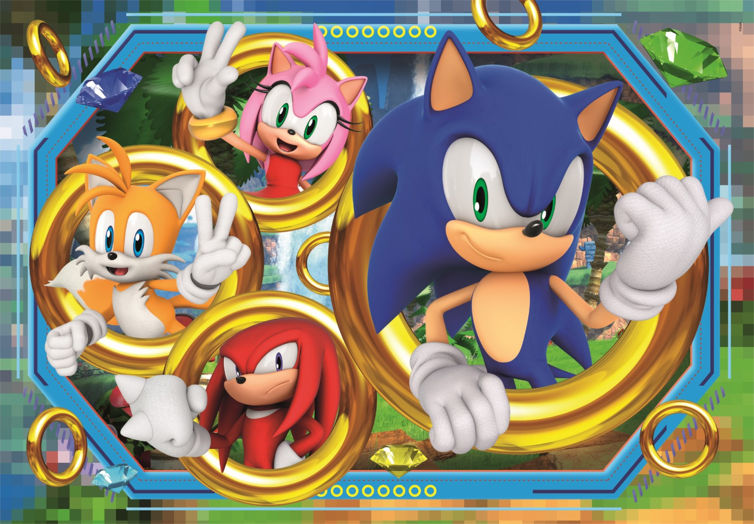 Sonic, Tails, Amy y Knuckles posan alegremente entre anillos dorados.