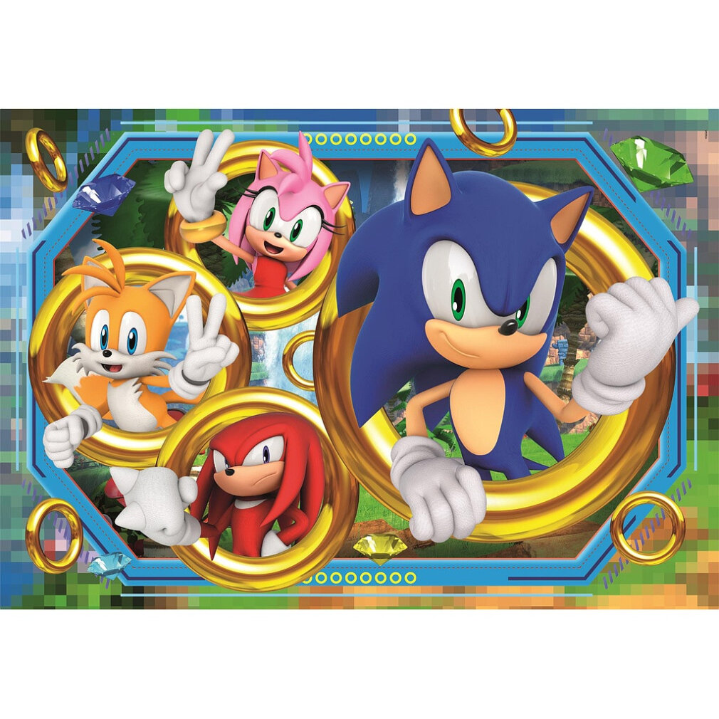 Sonic, Tails, Amy y Knuckles en anillos dorados. Motivos de juego y gemas.
