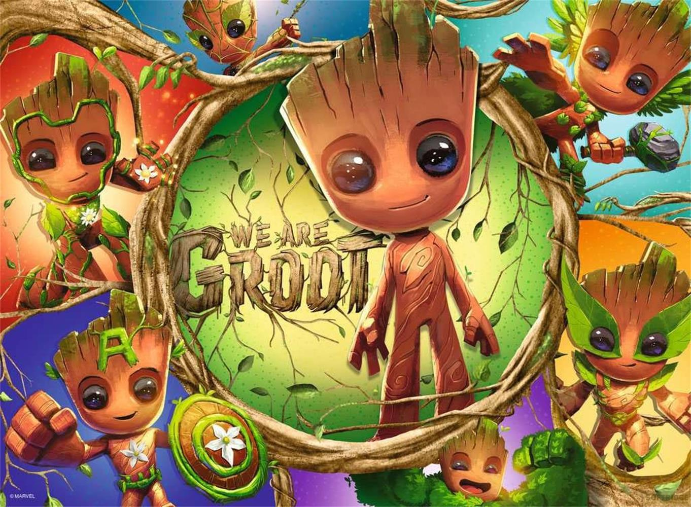 Múltiples Groots trepando por ramas, con "WE ARE GROOT" en el centro.