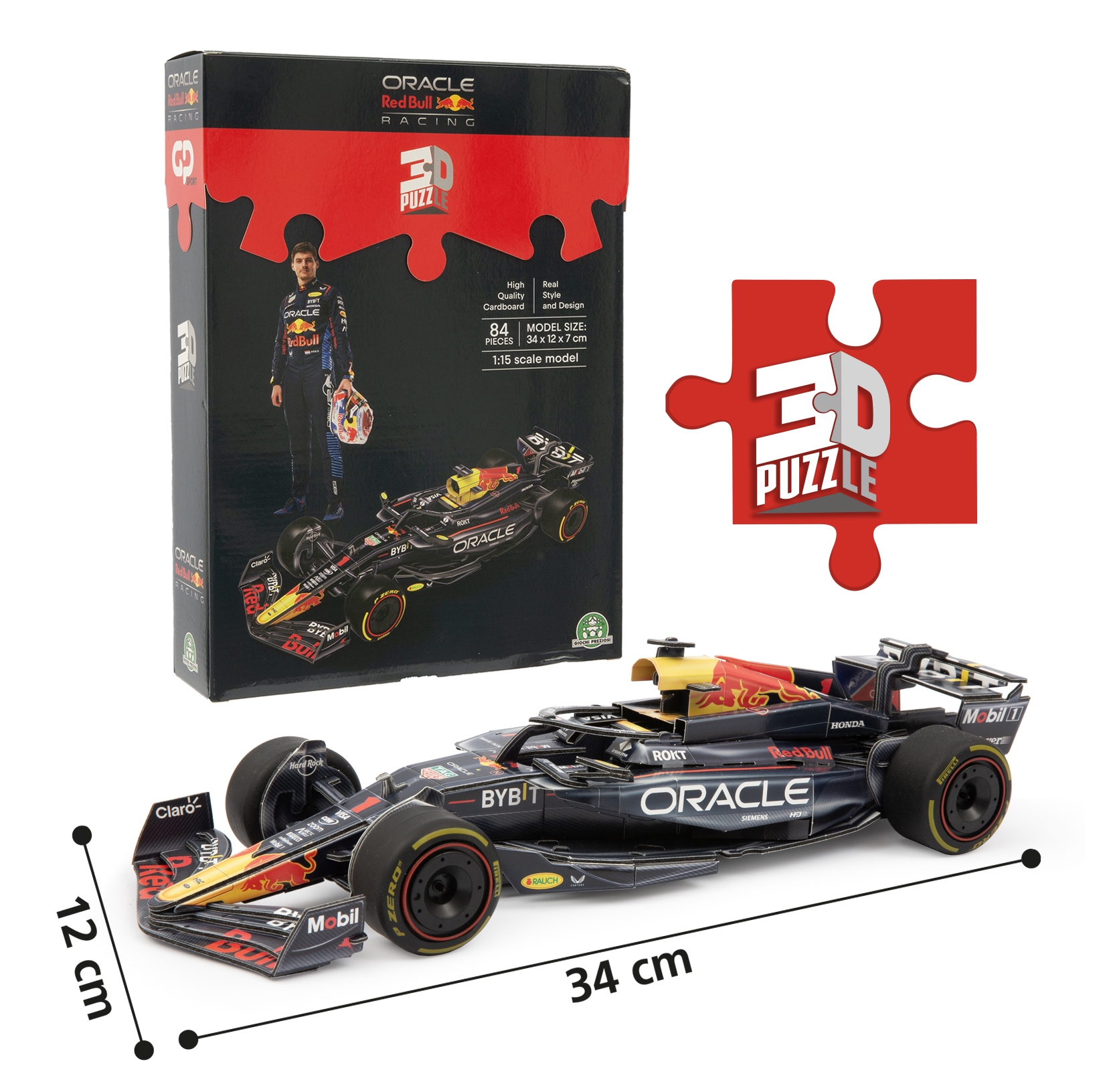 Un puzzle 3D de un coche Red Bull F1 con su caja y dimensiones.