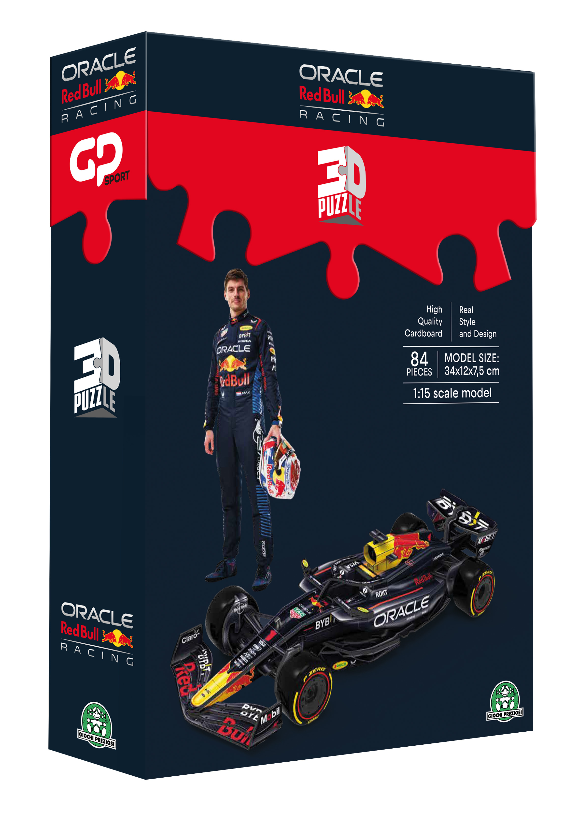 Caja de puzzle 3D Red Bull Racing con Max Verstappen y un coche a escala.