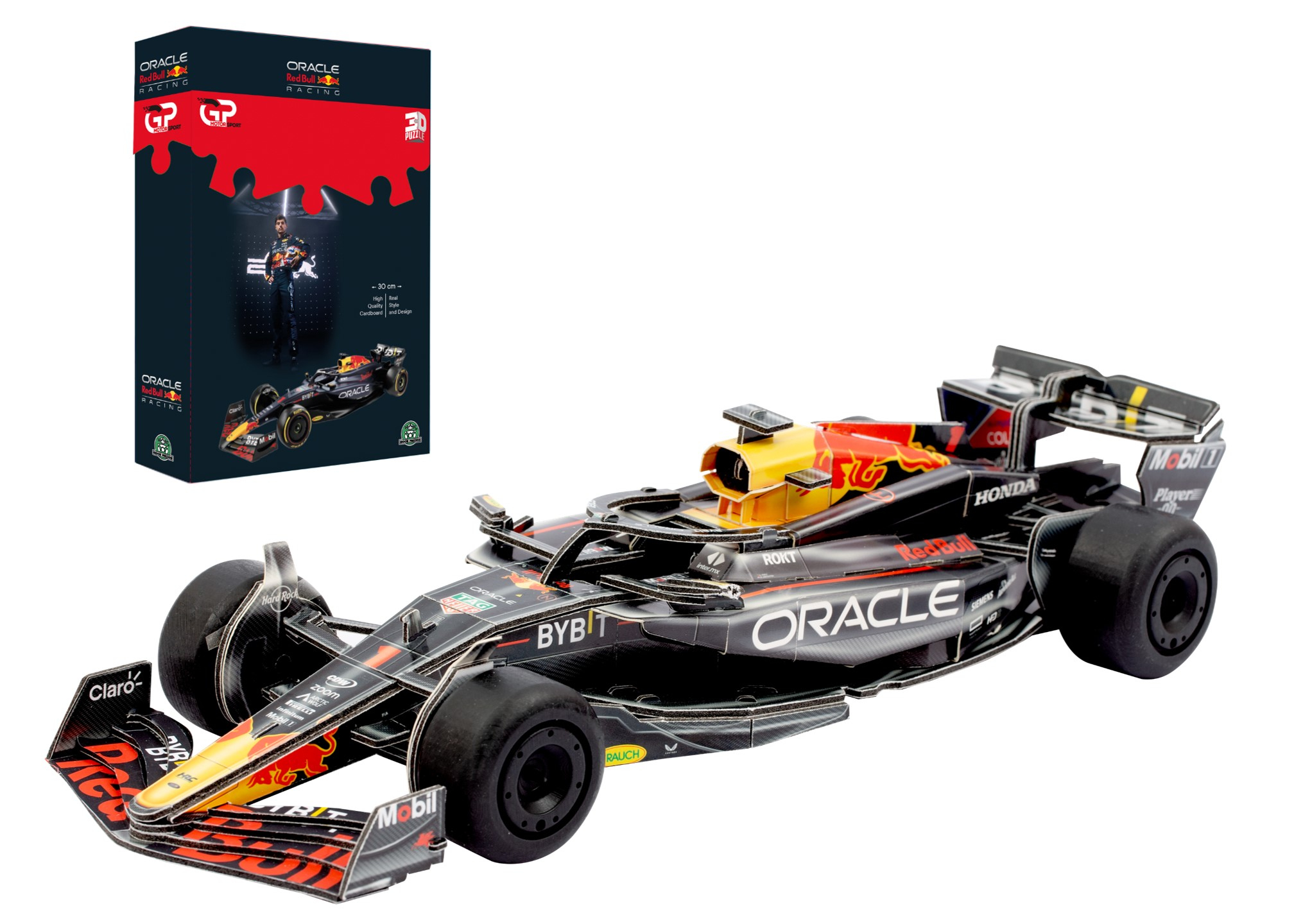 Un puzzle 3D de un coche de Fórmula 1 negro con librea roja y amarilla.
